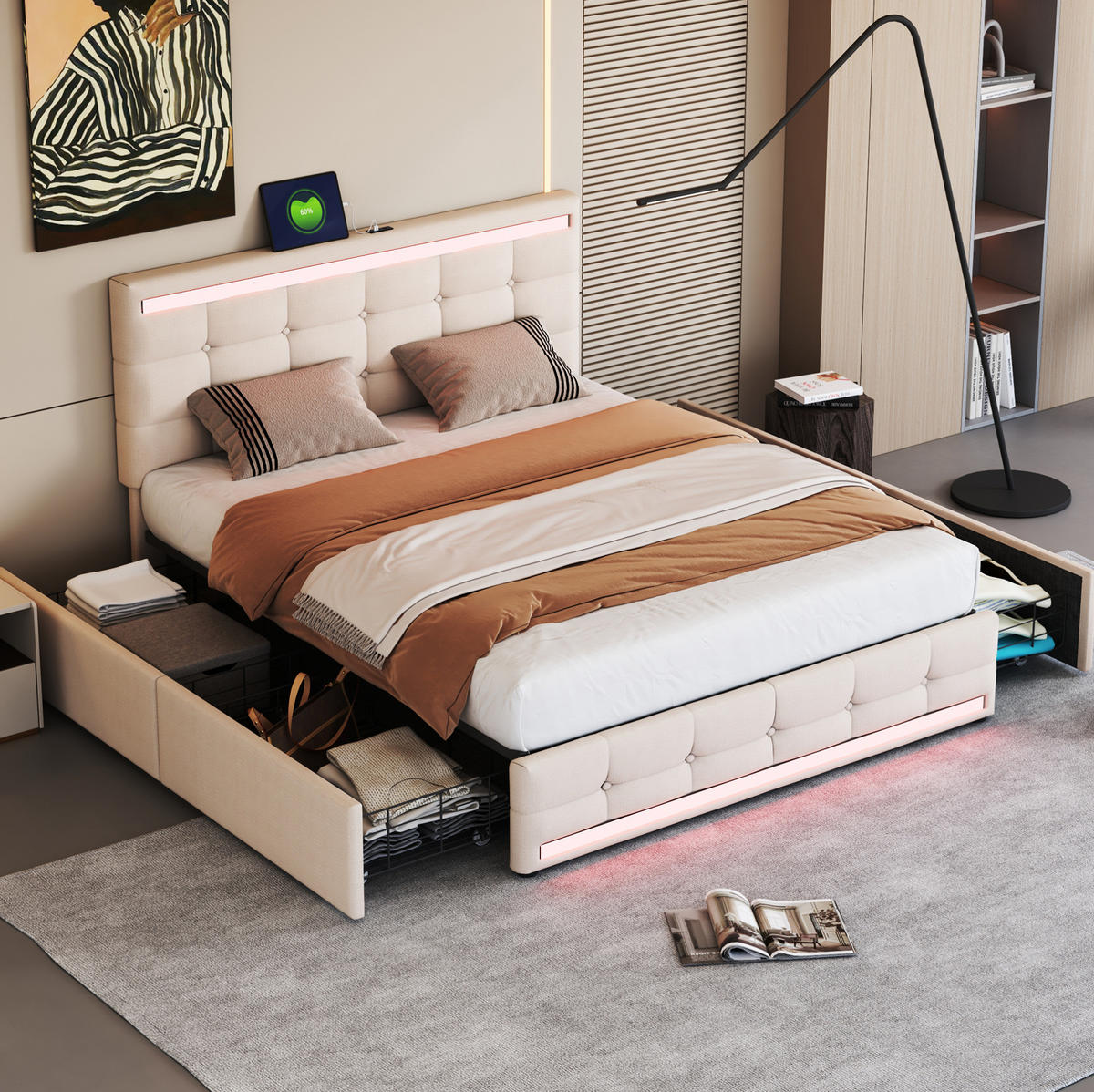 POLSTERBETT aus gepolstertem Bezug 140x200 cm Beige mit LED-Beleuchtung, 2 USB-Anschlüssen und 4 Schubladen - Beige, Textil (140/200cm) - Modfu