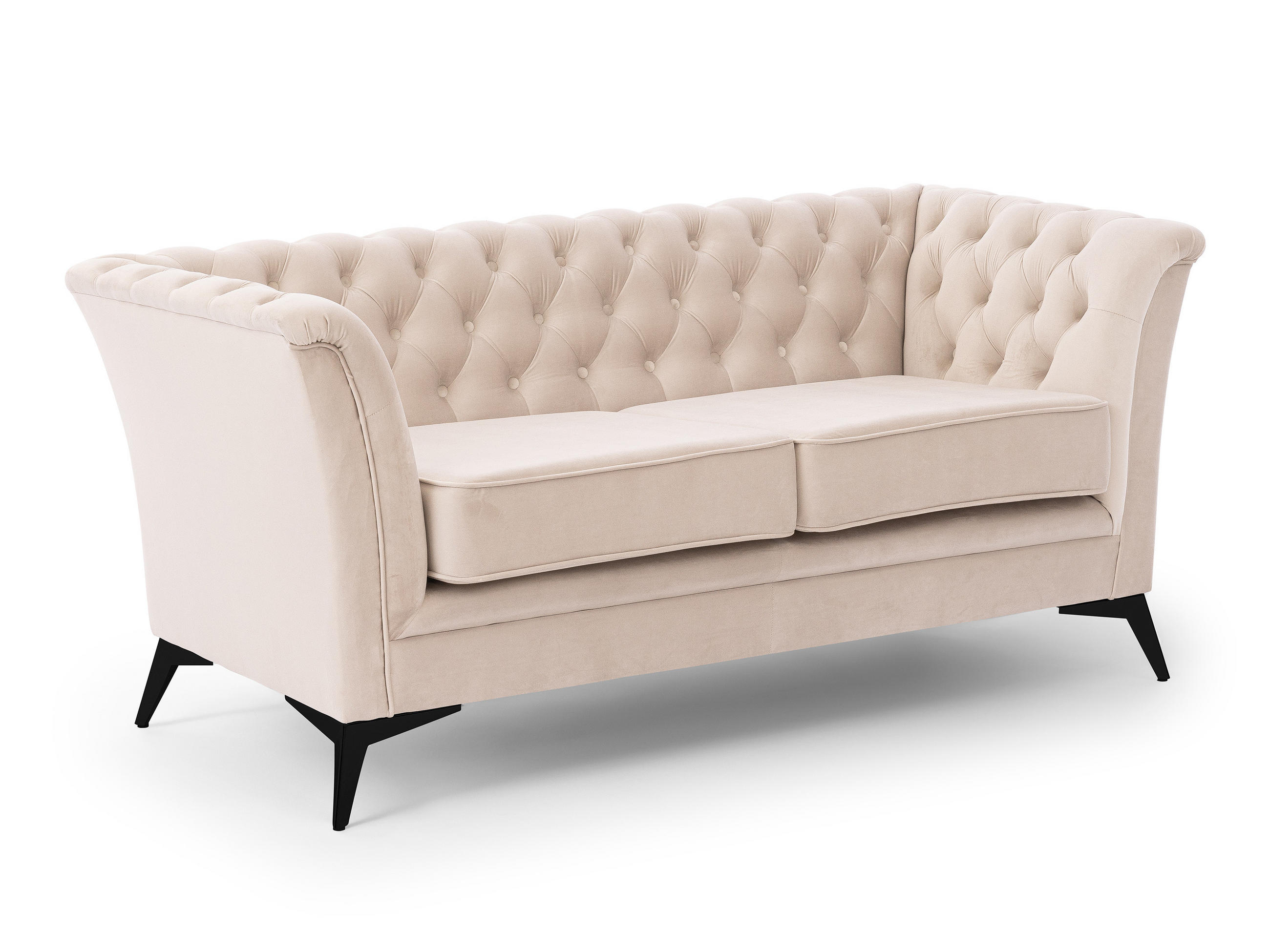 CHESTERFIELD-SOFA 2-sitzer Whitby Beige Samt mit schwarzen Füßen - Beige/Schwarz, Holz/Textil (175/78/82cm) - S-Style Möbel