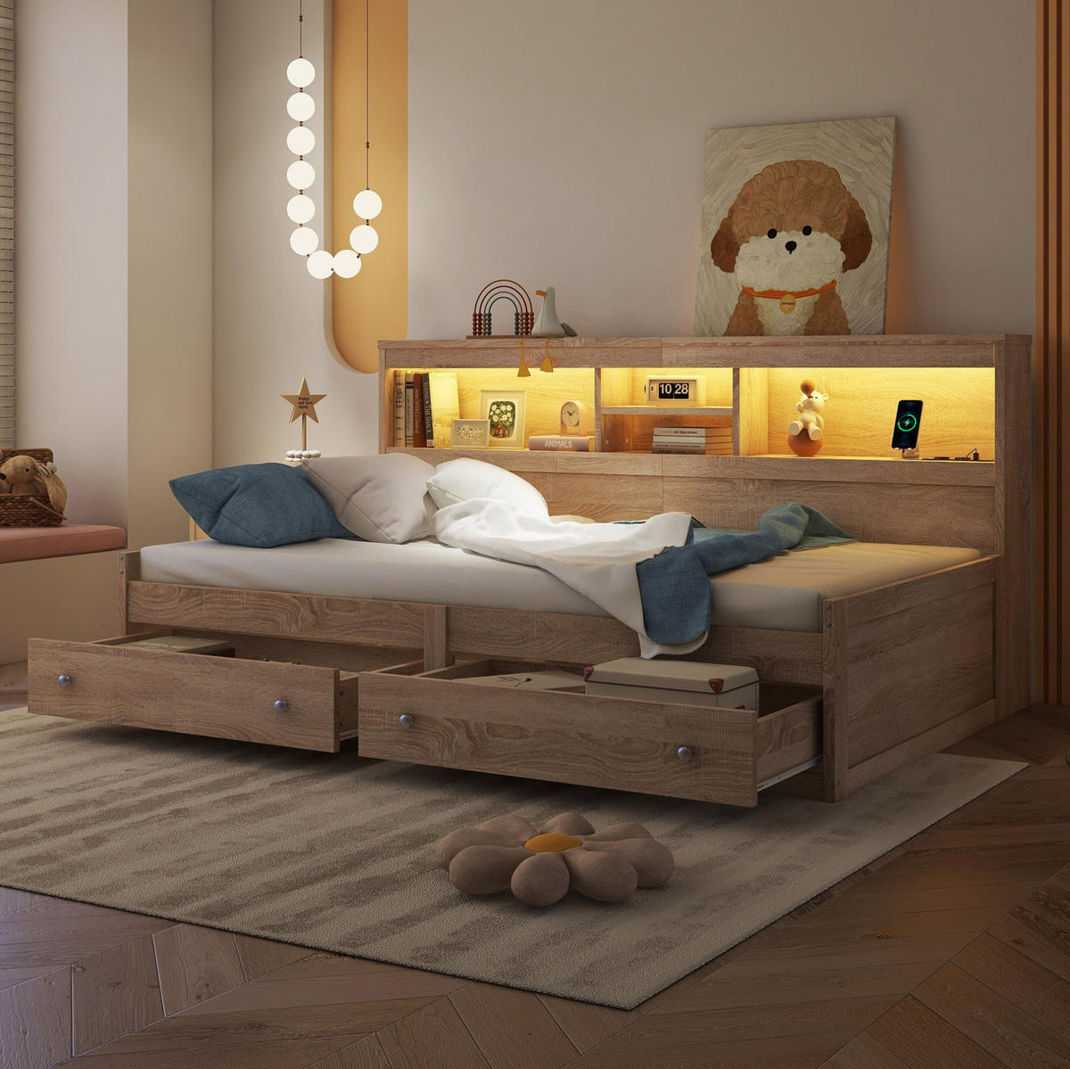 MULTIFUNKTIONSBETT 90/200 cm natur mit LED-Beleuchtung und USB-Anschlüssen - Naturfarben, Holzwerkstoff (90/200cm) - OKWISH