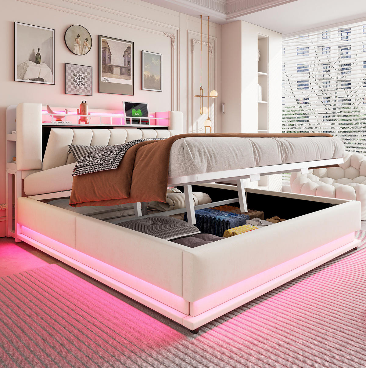 ČALÚNENÁ posteľ z MDF, kovu a látky 180x200 cm béžová s LED osvetlením, USB a hydraulickým úložným priestorom - béžová, textil (180/200cm) - Modfu