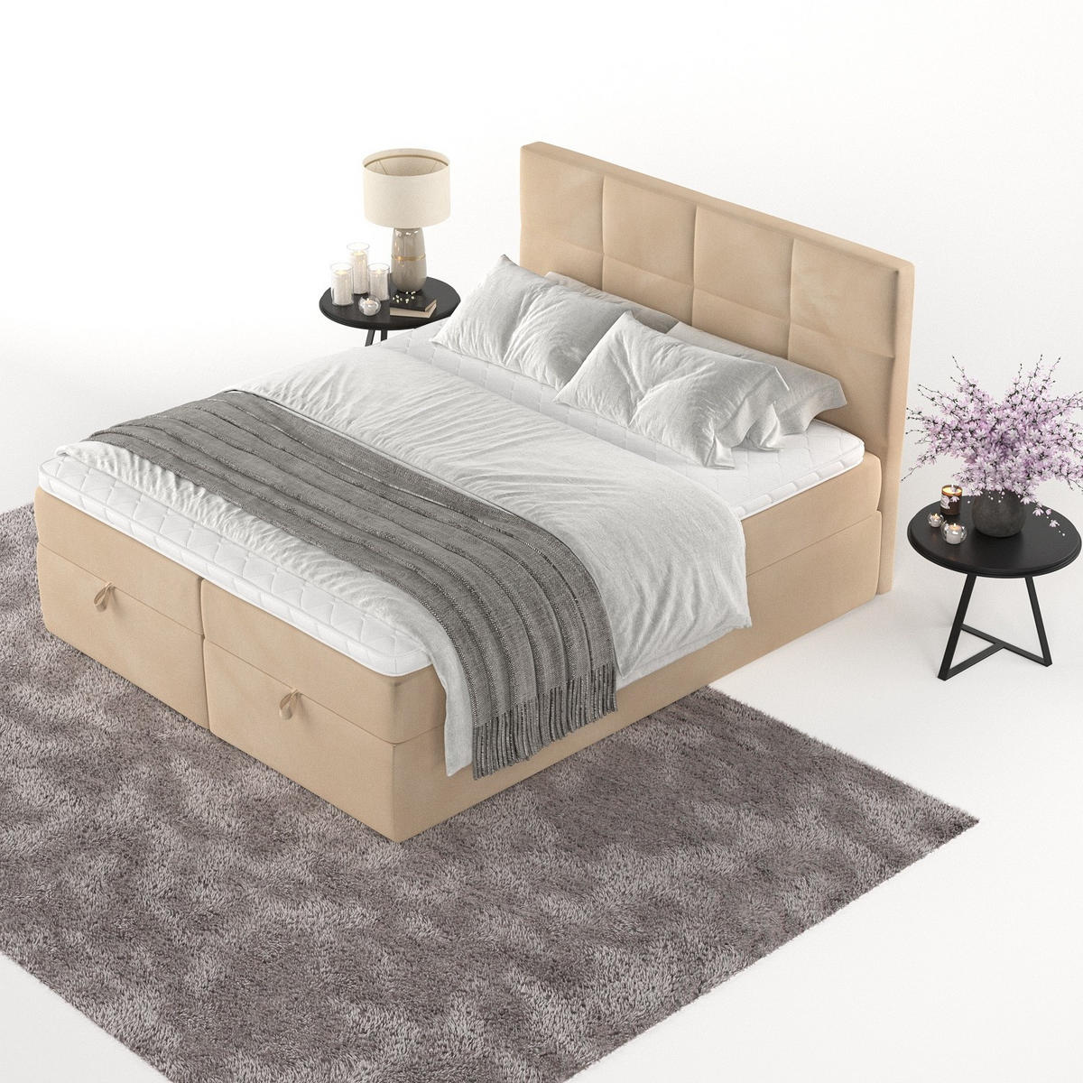 BOXBETT Velto 200/200 cm Beige im Kronos Stoff - Beige/Schwarz, Holz/Holzwerkstoff (200/200cm) - AltaBeds