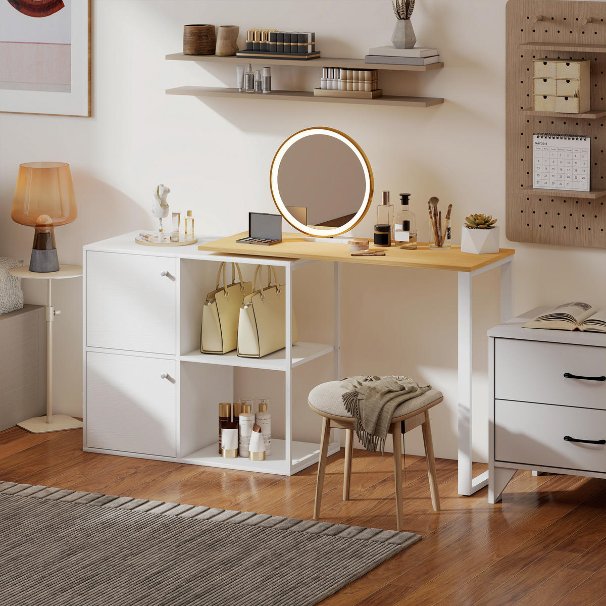 SCHREIBTISCH L-förmig 360° drehbar Eckschreibtisch mit Schränken Regalen Weiß - Silberfarben/Weiß, Holzwerkstoff/Metall (150/40/75cm) - HOMCOM