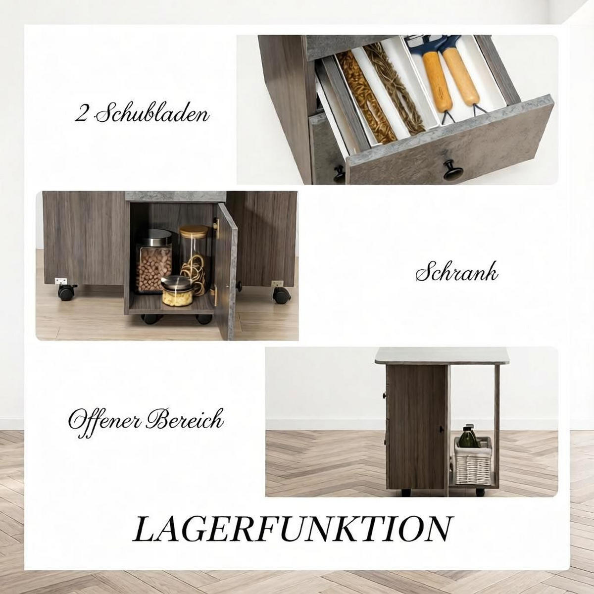 KLAPPTISCH 60-120/60/76,5 cm mit Rollen und Schubladen DE-39943 Grau - Grau, Holzwerkstoff (60/120/76.5cm) - ComfortXL