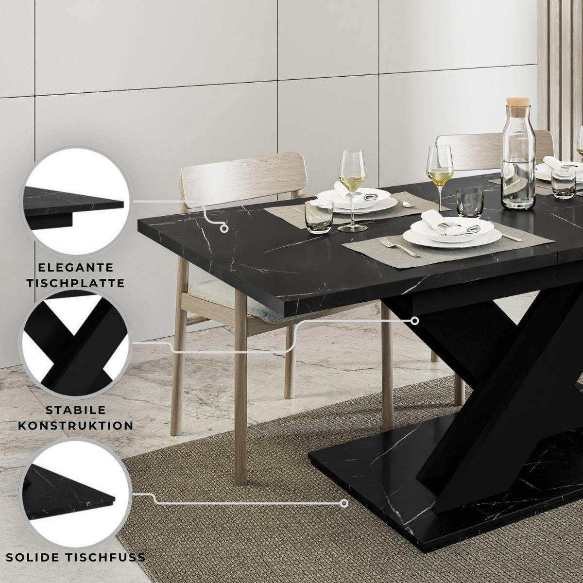 ESSTISCH Royal Schwarz Marmoptik Ausziehbar 140 - 180 cm - Schwarz, Holzwerkstoff (140/80/75cm) - PROSPERO