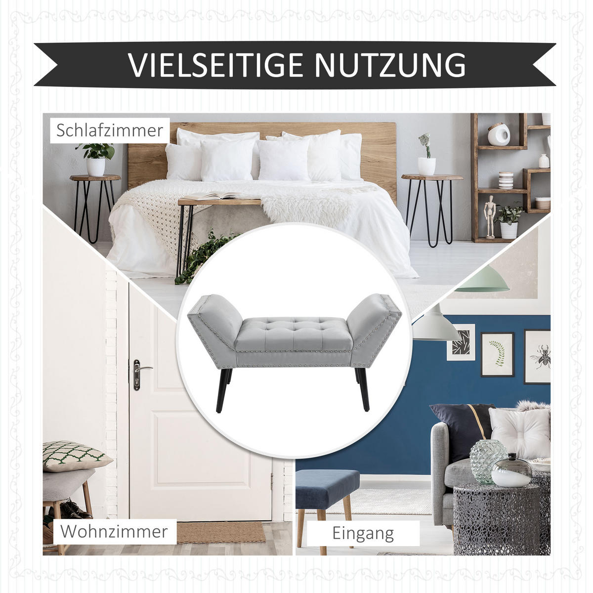 BETTBANK für Schlafzimmer, Wohnzimmer, Flur, Gummiholz, Hellgrau - Hellgrau, Kunststoff (46/56/114cm) - HOMCOM