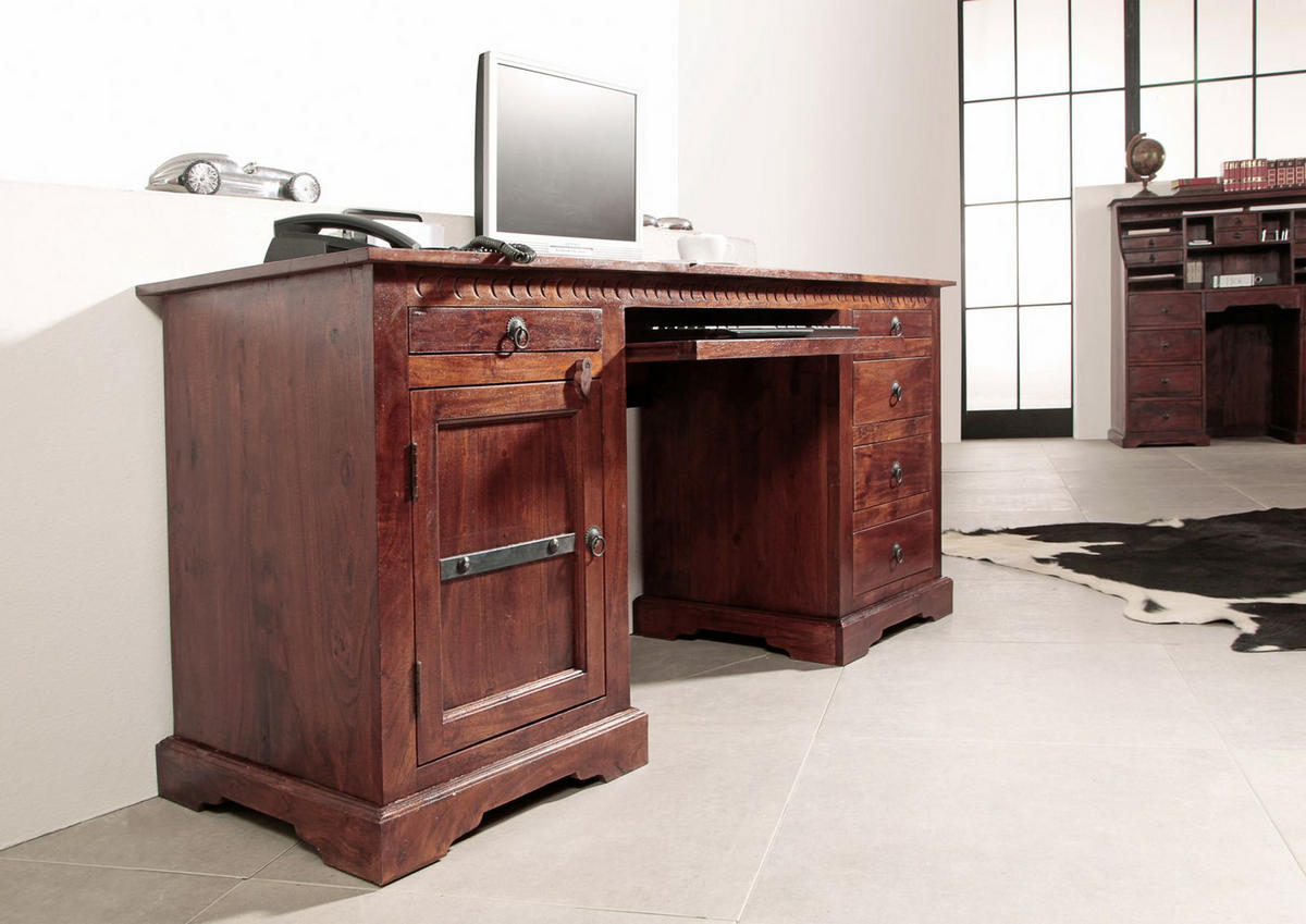 SCHREIBTISCH Akazie 158x54x76 nougat lackiert OXFORD #522 - Dunkelbraun, Holz (54/158/76cm) - Massivmoebel24