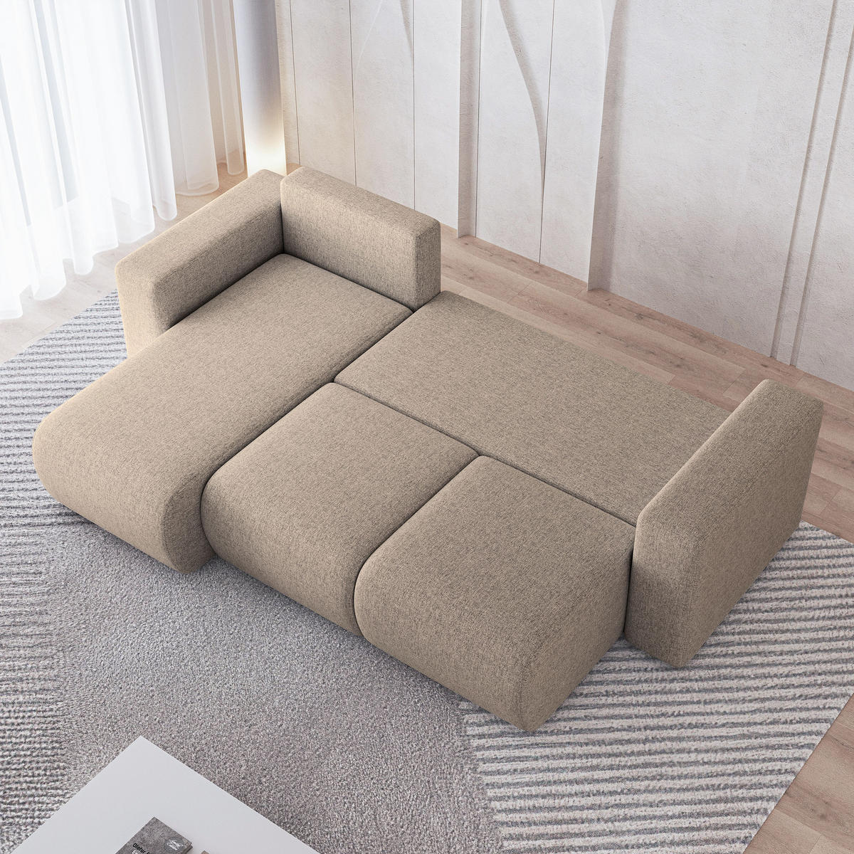 ECKSOFA RINOVA Beige Geflochtener Stoff mit Schlaffunktion - Beige, Holz (250/143cm) - MASSENO