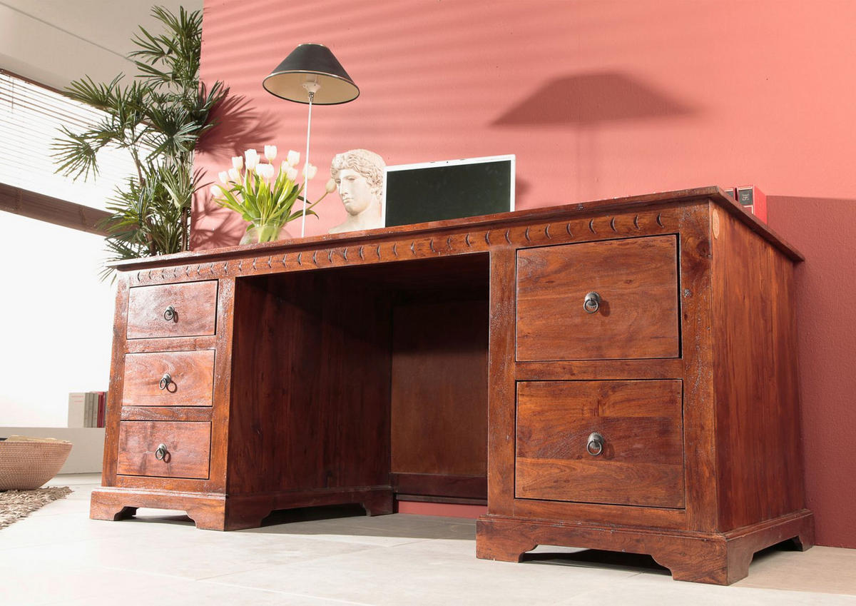 SCHREIBTISCH Akazie 180x80x74 nougat lackiert OXFORD #529 - Dunkelbraun, Holz (80/180/74cm) - Massivmoebel24