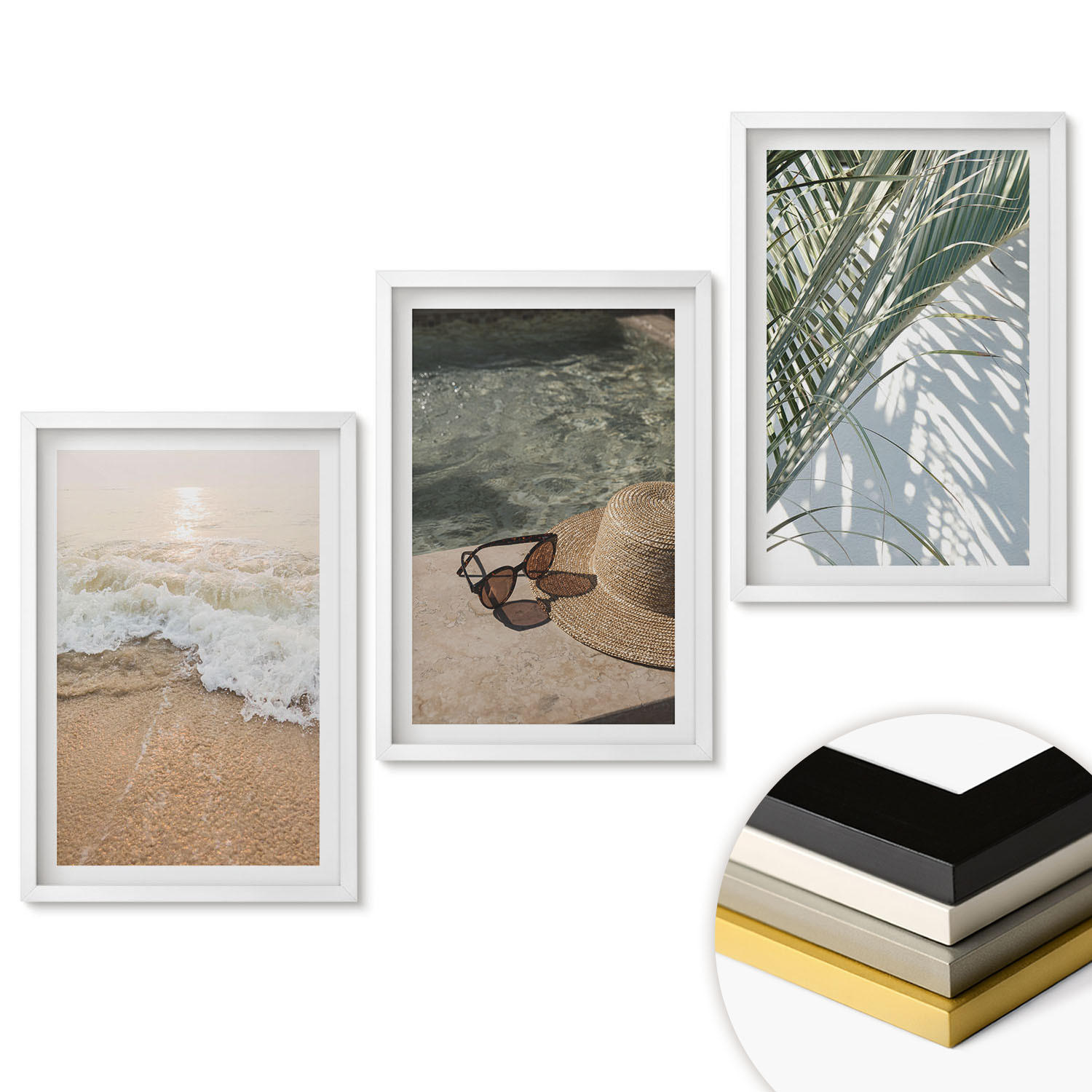 WANDBILDER 3er-Set - 40x60 cm Weißer Rahmen - Strandhut und Sonnenbrille - Weiß, Kunststoff (40/60cm) - ArtPrintCave