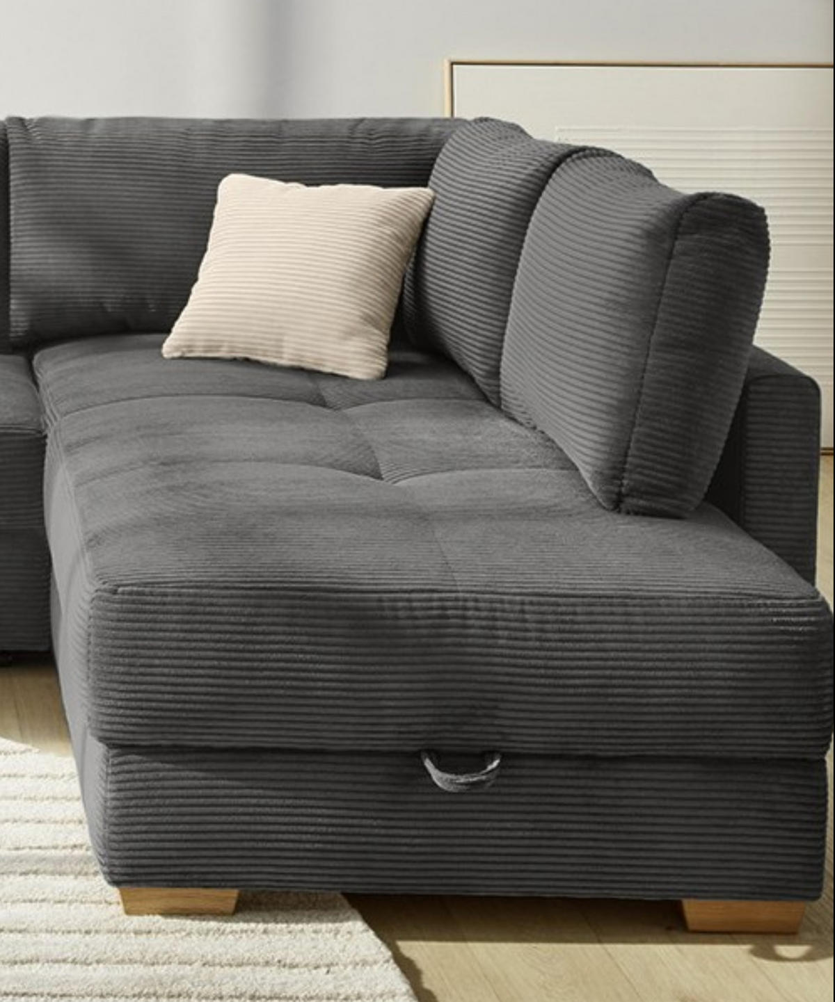 ECKSOFA-DAUERSCHLÄFER Boxspring Federkern Topper Bettkasten, seitenverkehrt montierbar B257/T206/H85 cm, Cord Grau Anthrazit / 15211 - Schieferfarben/Eichefarben, Holz/Textil (257/206cm) - luma-home