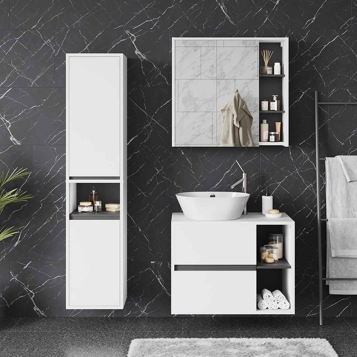 SADA KOUPELNOVÉHO NÁBYTKU Viola Bílá/šedá - bílá/šedá, kompozitní dřevo (80/60/46cm) - Vicco