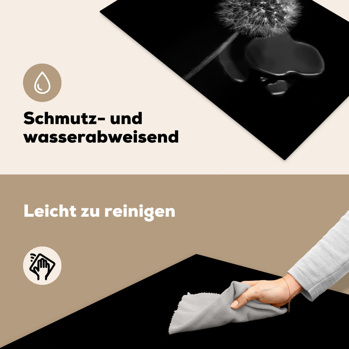 HERDABDECKPLATTE Löwenzahn - Schwarz - Floral - Botanisch 85x52 cm - Grau, Kunststoff (85/52/0.2cm) - MuchoWow