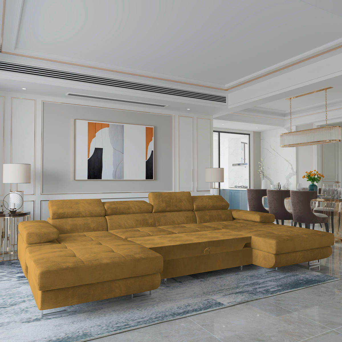 WOHNLANDSCHAFT LYKKE Gelb Velours-Stoff mit Schlaffunktion - Gelb, Holz (353/90/202cm) - MASSENO