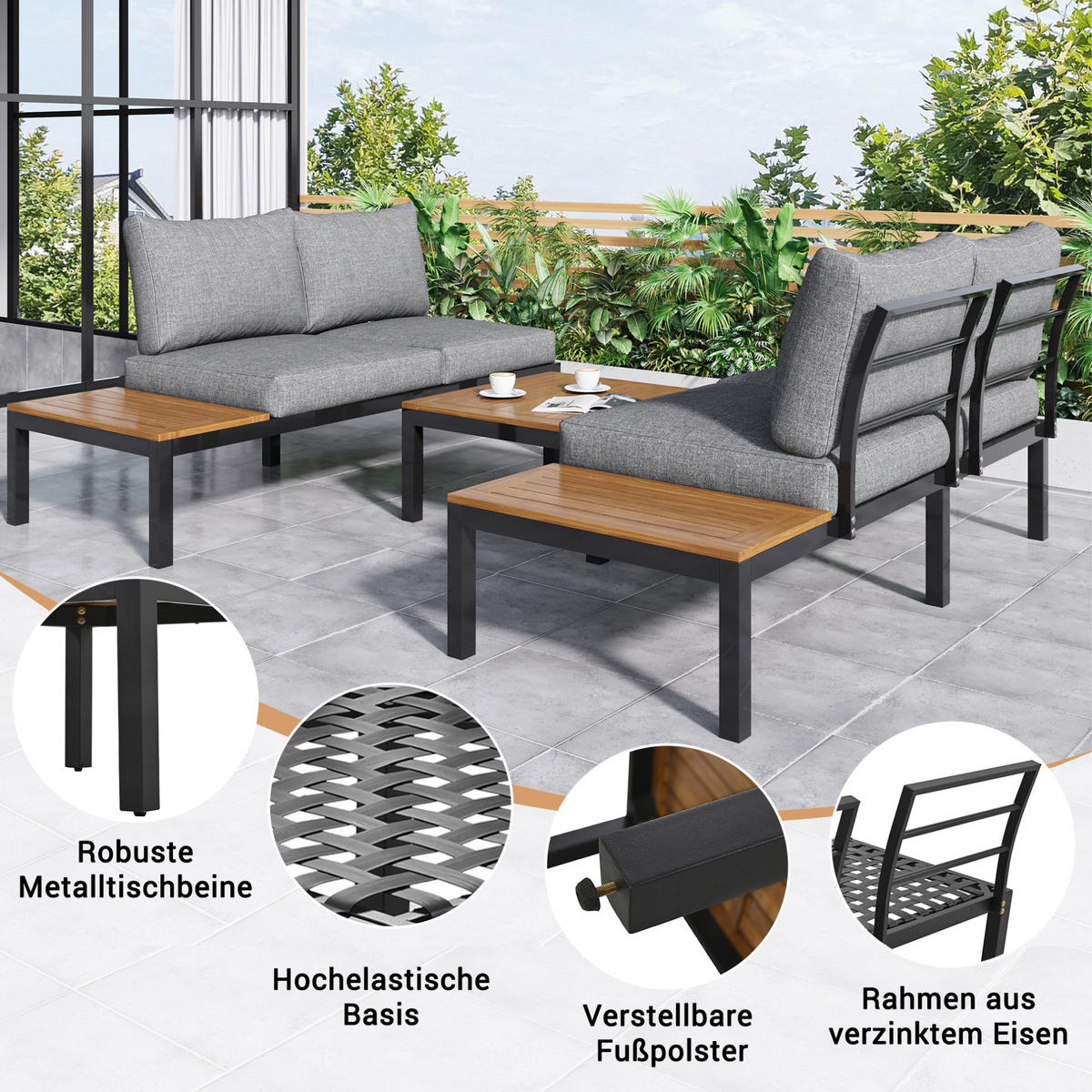 GARTEN-LOUNGE-SET, Stahlrahmen mit Akazie-Optik, 2/ Sofa 120/60/66 cm, Grau - Grau, Metall - Redom