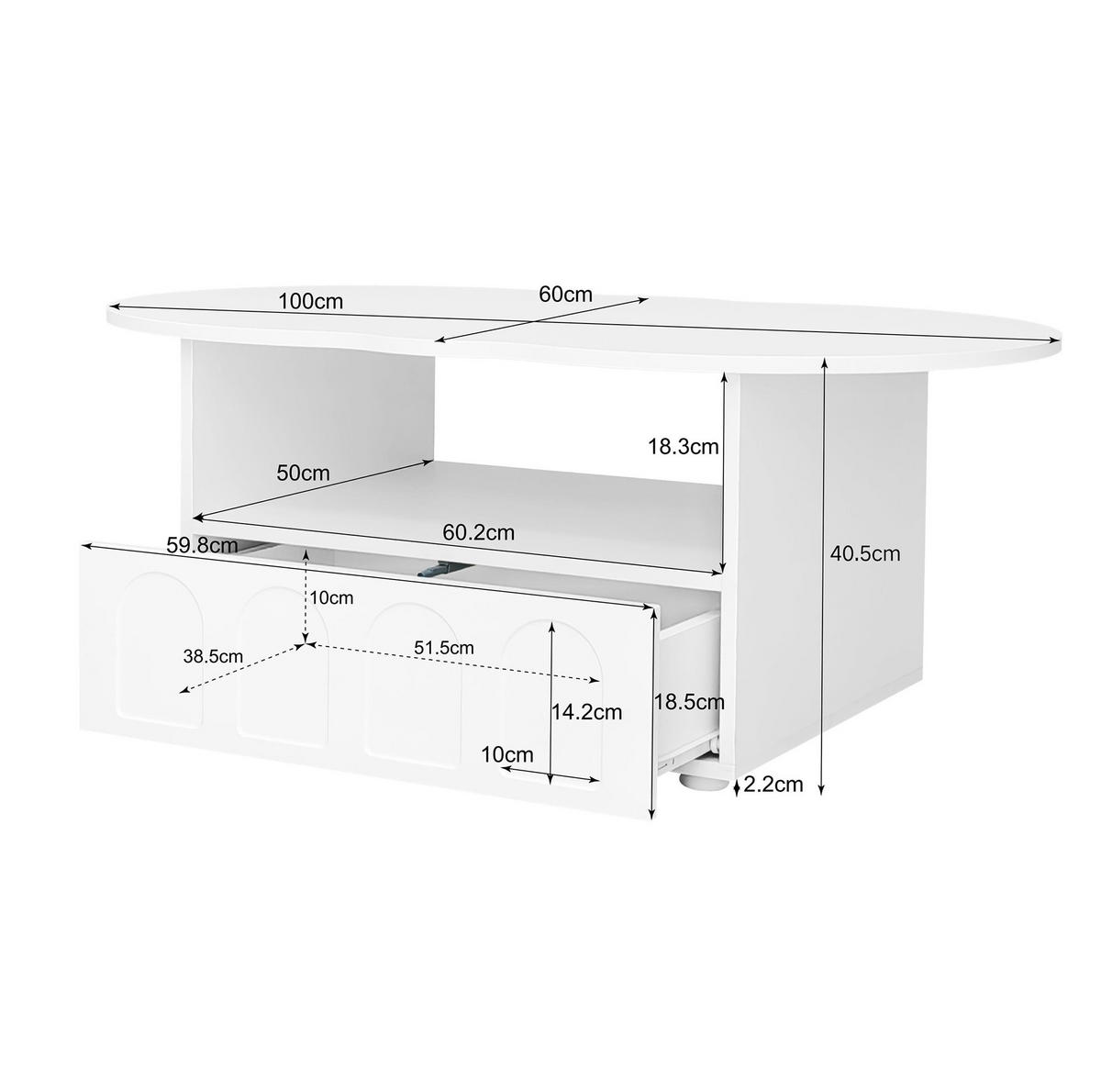 COUCHTISCH aus Spanplatte 100x60x40,5 cm in Weiß mit Schublade & offenem Fach - Weiß, Holzwerkstoff (100/60/40.5cm) - Modfu