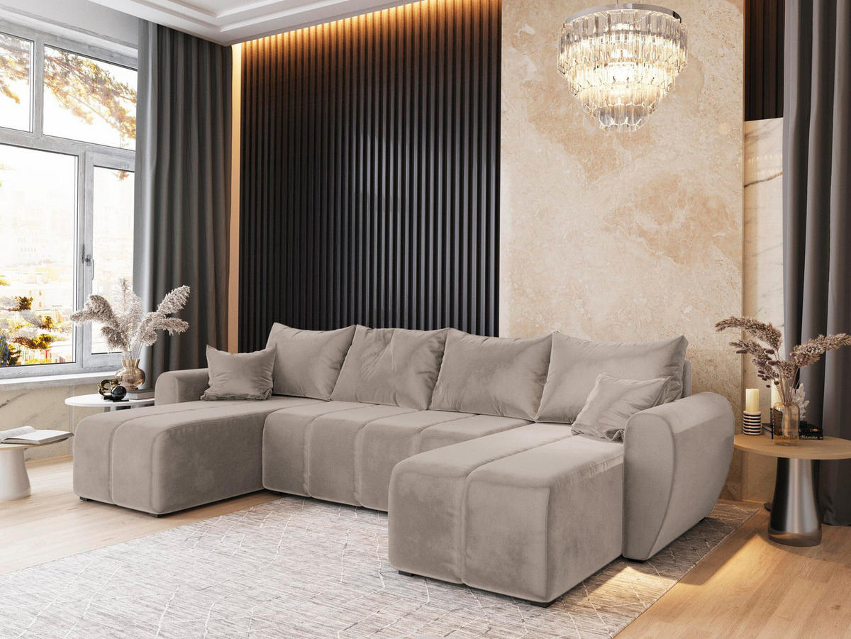 WOHNLANDSCHAFT MADISON U Beige Plüsch-Stoff mit Schlaffunktion - Beige, Holz (311/82/145cm) - MASSENO