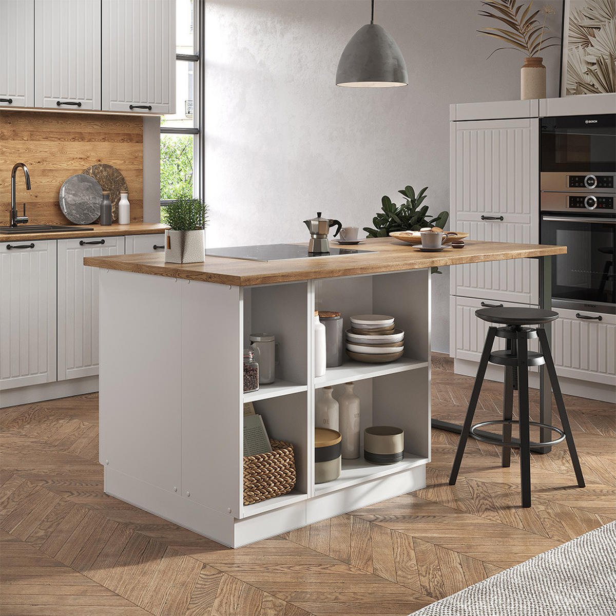 KÜCHENINSEL Fame-Line Weiß Landhaus/Weiß 90 cm mit Schublade, ohne AP - Creme/Weiß, Holzwerkstoff (90/82/60cm) - Vicco