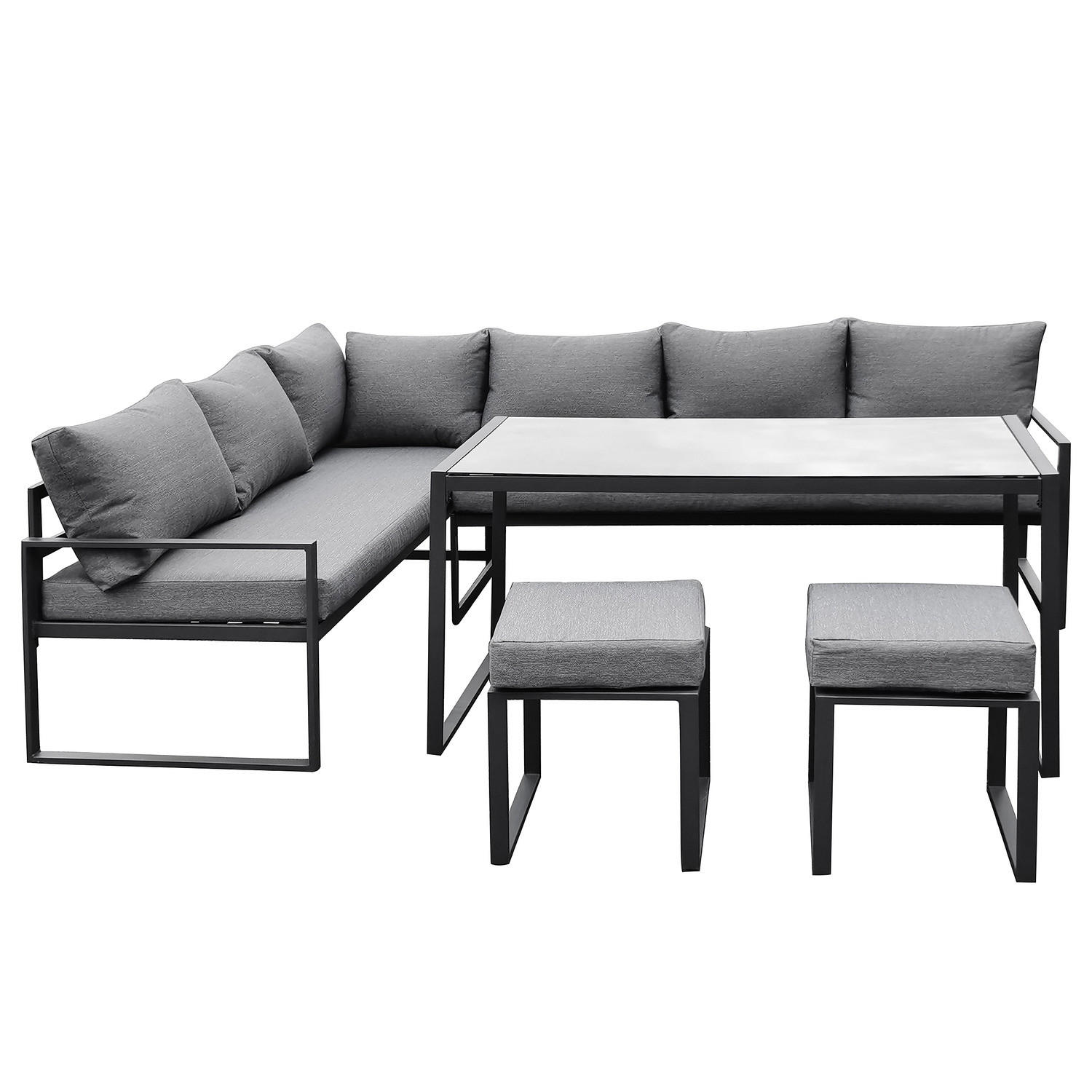 GARTENSITZGRUPPE - Stahl / Polyester - Schwarz / Grau - 5-teilig - Schwarz/Grau, Glas/Textil - home24