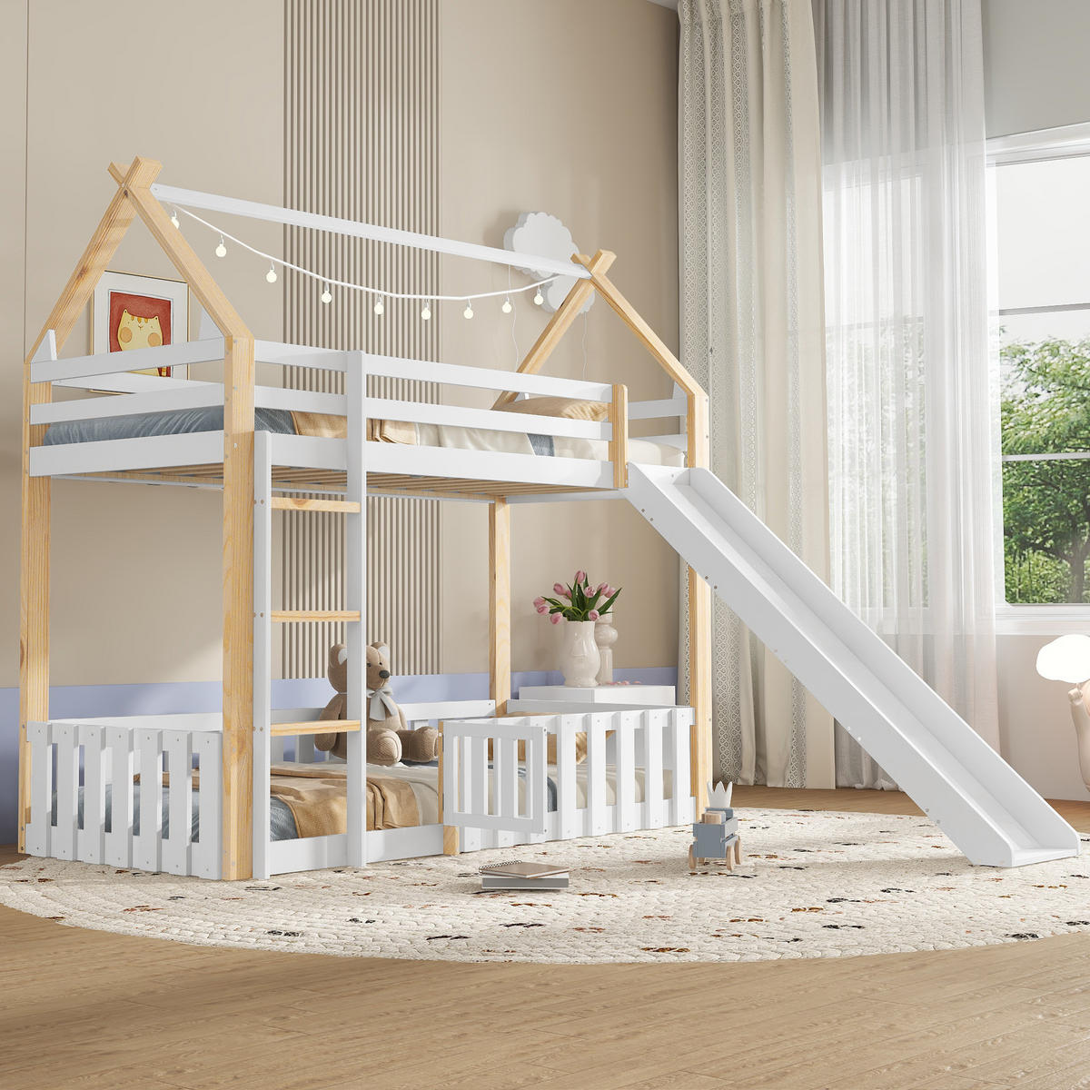 ETAGENBETT 90/200 cm in Weiß & Natur Kinderbett mit Rutsche, Leiter und Zaun im Dachdesign - Weiß/Naturfarben, Holzwerkstoff (90/200cm) - STILVORA