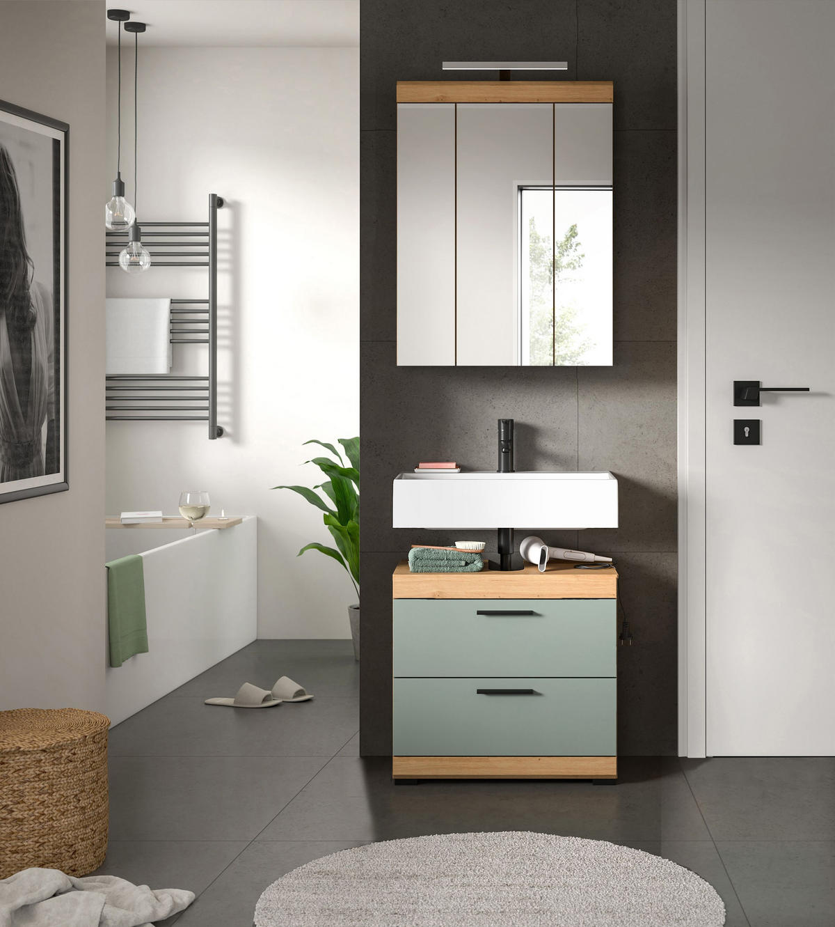BADKOMBINATION 2tlg. Scout Bad in Artisan Eiche Nachbildung und Salbei Nachbildung B/H/T: 60x191x34 cm - Eiche Artisan, Holz (60/191/37cm)