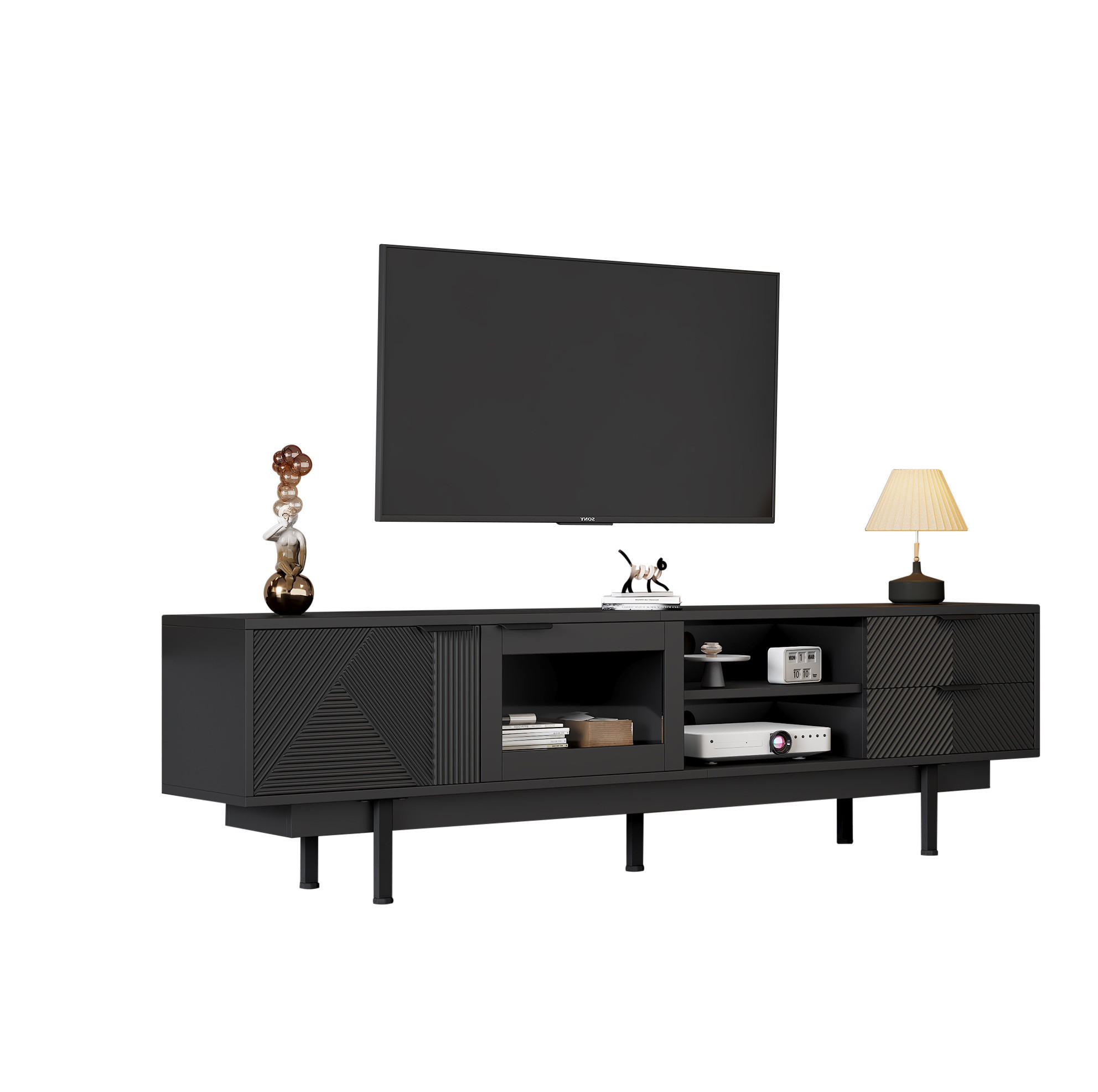 Modfu TV stolek z dřevotřísky 200x40x50,5 cm černý se 2 dvířky a 2 zásuvkami, pro TV do 80 palců