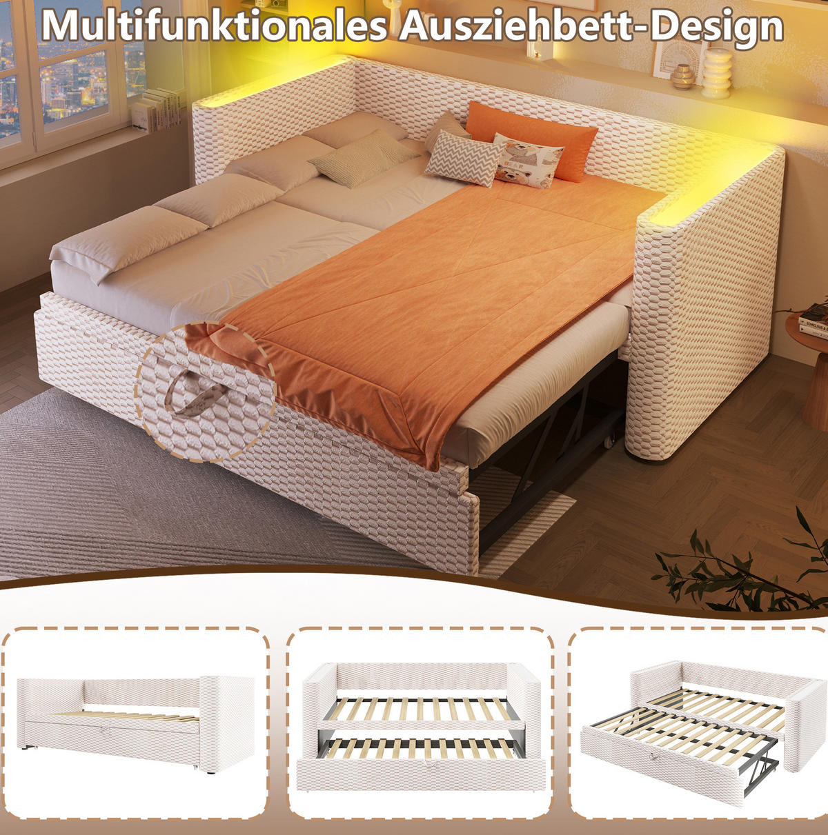 AUSZIEHBETT 90/180 x 200 cm aus Samt in Beige mit LED-Beleuchtung - Beige, Textil (90/200cm) - Flora Grace