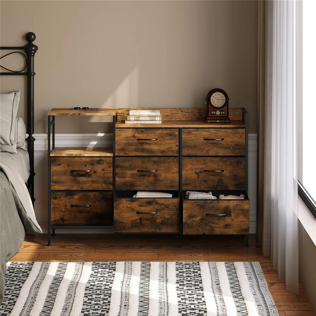 KOMMODE 8 Schubladen mit Ladestation Sideboard 132x88x30 cm - Braun, Metall (132/88/30cm) - Kaket