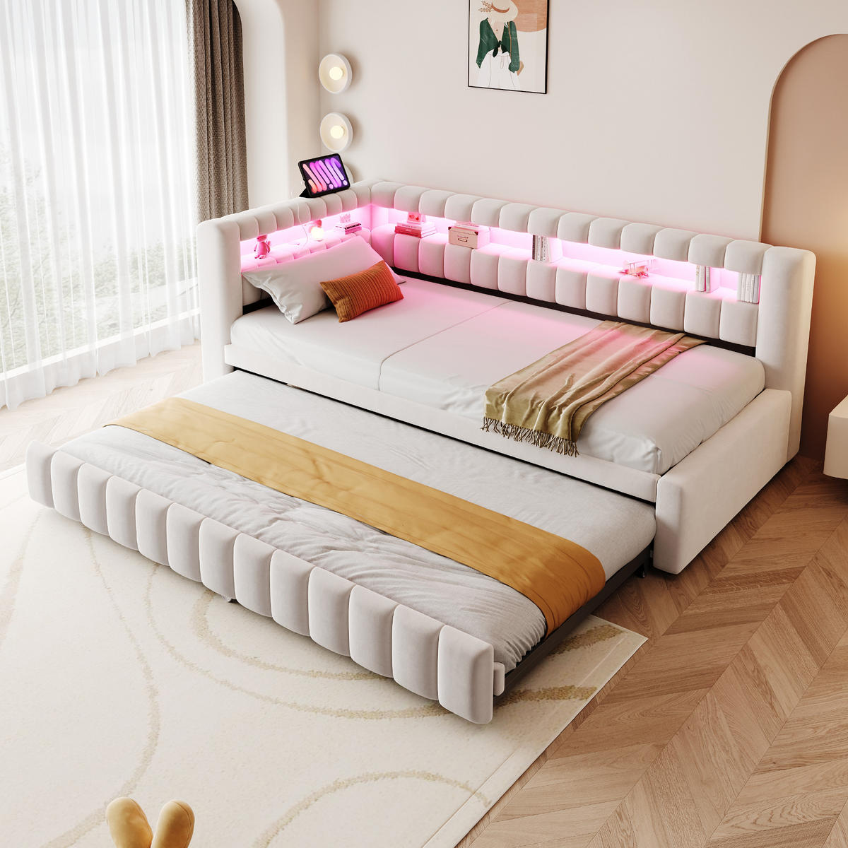 POLSTERBETT 90x200 Beige Samt LED USB - Beige, Textil (90/200cm) - FLIEKS
