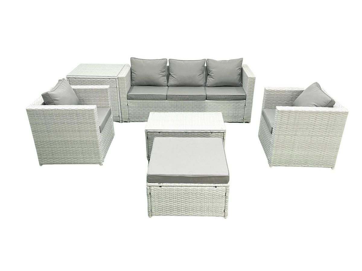 GARTENMÖBELSET mit 3-SITZER SOFA,COUCHTISCH Polyrattan Hellgrau-Mix 6-Sitzer - Hellgrau/Grau, Glas/Kunststoff - Fimous