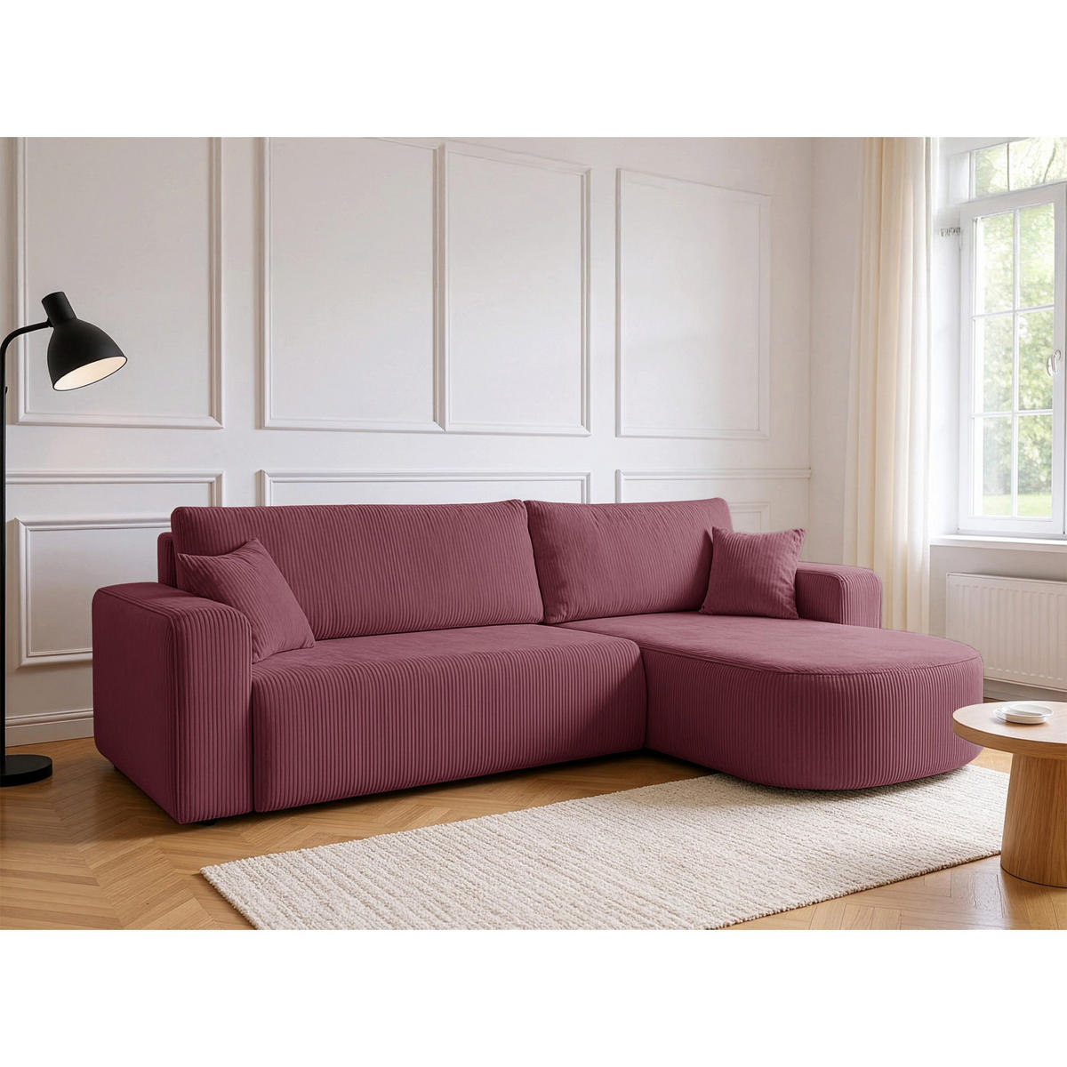 ECKSOFA mit Schlaffunktion Teeo L-Form universal mit Bettkasten Lachsfarben Cord - Koralle/Schwarz, Kunststoff/Textil (275/170cm) - Homebook