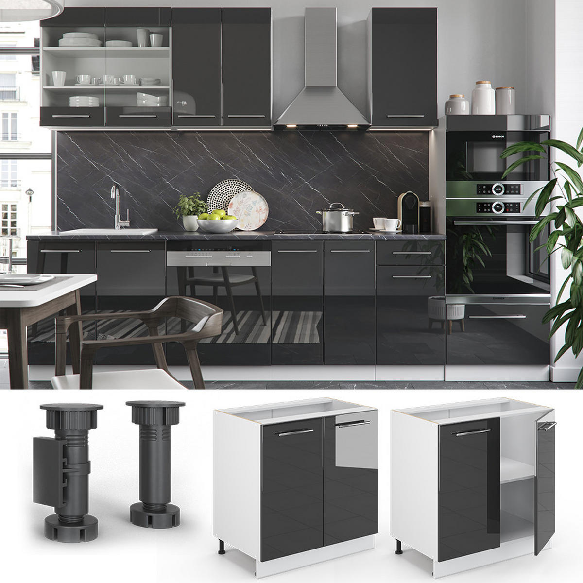 SPÜLENUNTERSCHRANK Fame-Line Anthrazit Hochglanz 80 cm mit Regal AP Eiche - Schwarz Hochglanz/Anthrazit, Holzwerkstoff (80/82/60cm) - Vicco