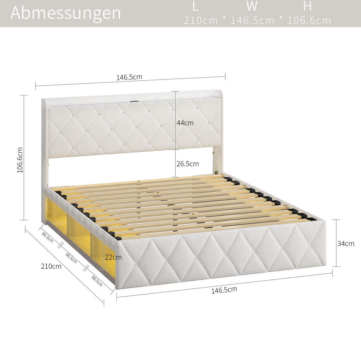 POLSTERBETT 140/200 cm mit LED-Beleuchtung, USB-Ladefunktion und Stauraum, Weiß - Weiß, Textil (140/200cm) - Redom