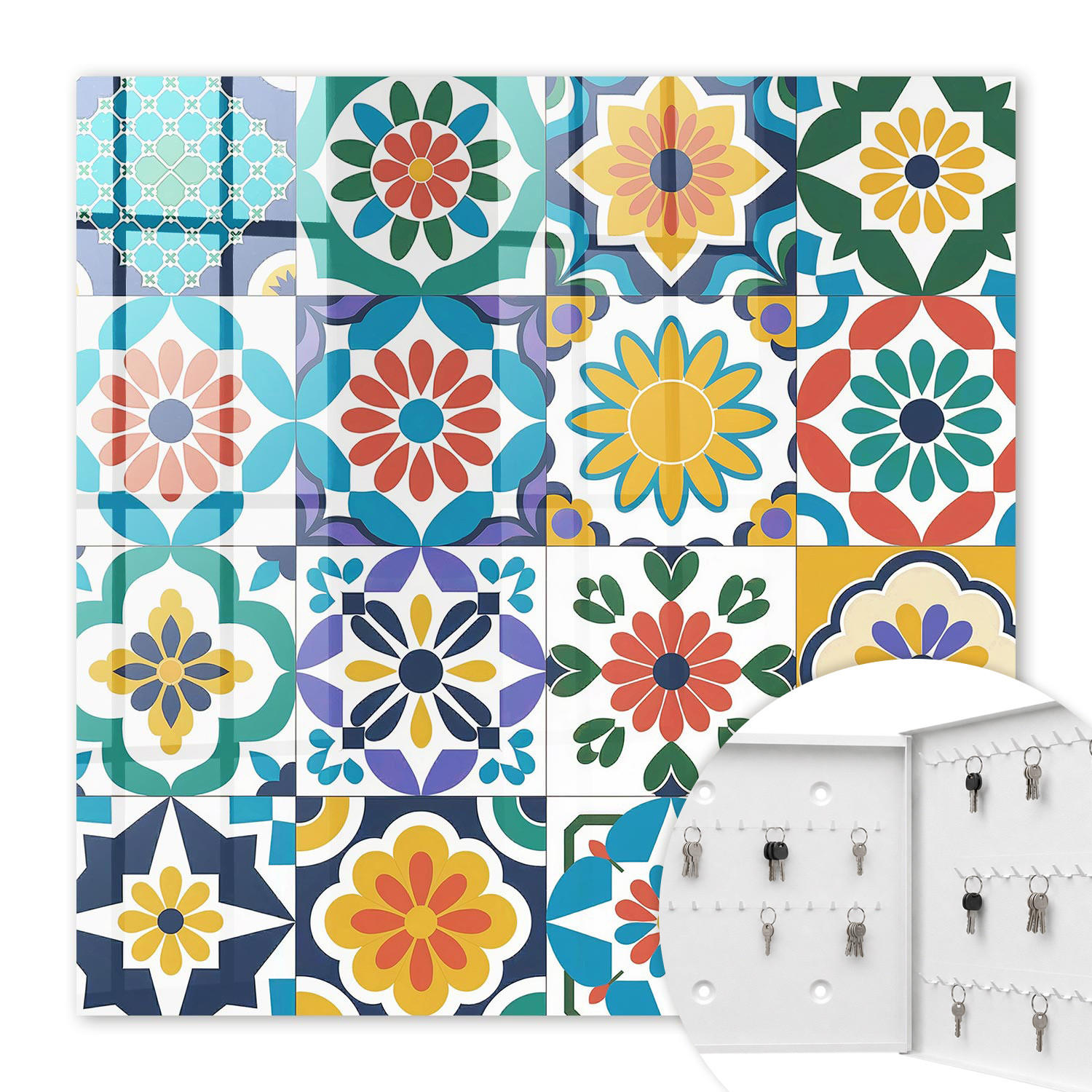 SCHLÜSSELBOX Weiß 30x30 cm – Türöffnung nach rechts - Blumenmuster - Blau, Metall (30/30/5cm) - TULUP
