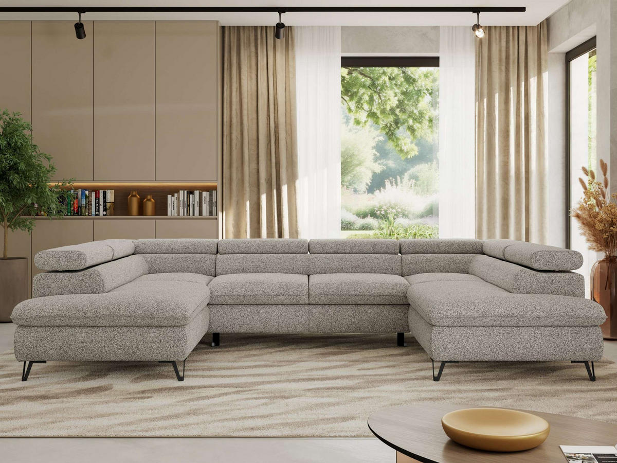 WOHNLANDSCHAFT PABLO U Strukture Hellgrau - Hellgrau/Schwarz, Textil/Metall (346/76/208cm) - MKS