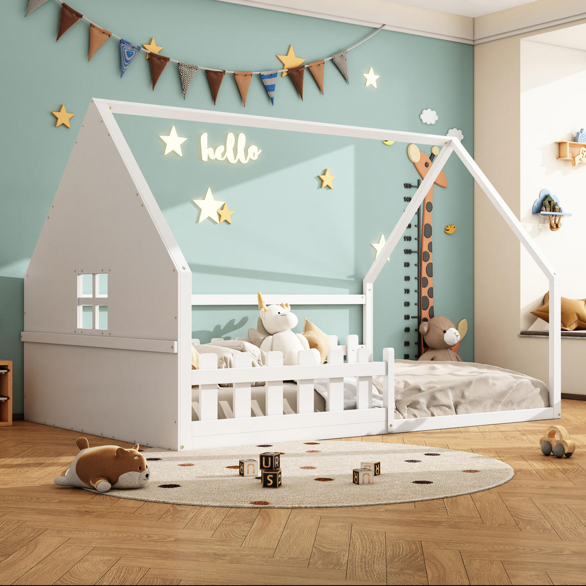FLACHBETT 140/200 cm Kinderbett mit Hausleiste aus Kiefernholz in Weiß - Weiß, Holz (140/200cm) - OKWISH