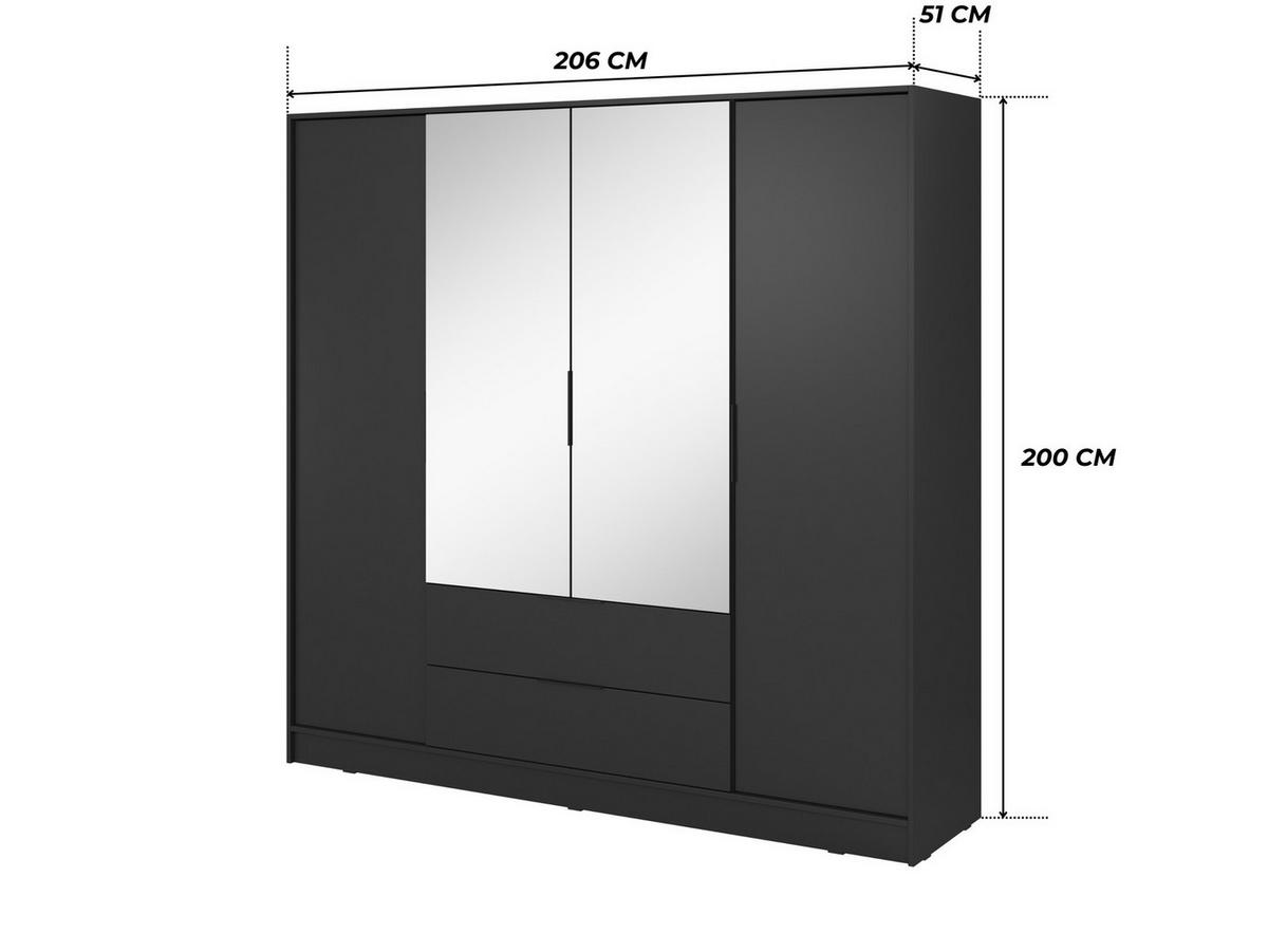 GROSSER Kleiderschrank RICADI 4DL (Schwarz, Spiegel, 4 Türen, 2 Schubladen, Kleiderstange, Kunststoffgriffe) - Schwarz, Holz/Holzwerkstoff (206/200/51cm) - Ravio