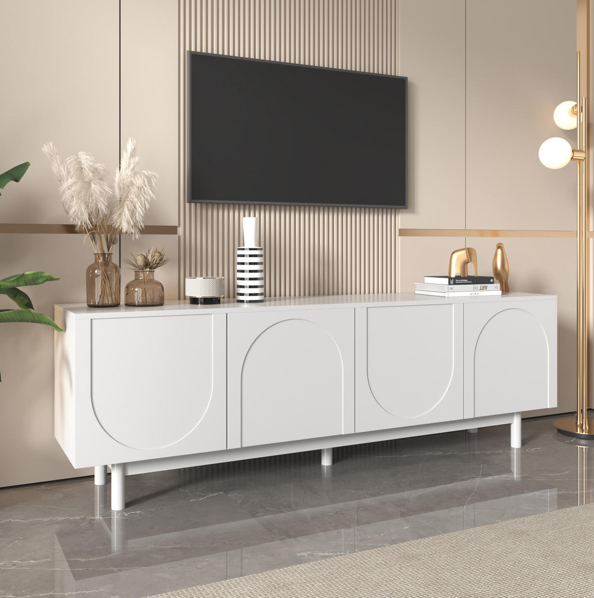 TV-LOWBOARD aus Holzwerkstoff 175x38x56 cm Weiß mit 4 Türen, Push-to-Open und verstellbaren Einlegeböden - Weiß, Holzwerkstoff (175/56/38cm) - IVMEU