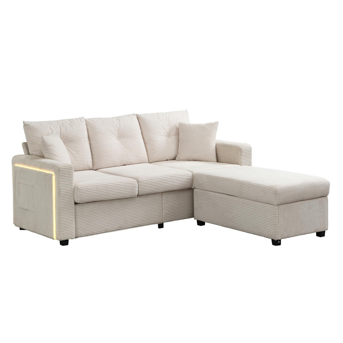 SOFA mit LED und Hocker Cord Beige 5-Kissen-Set - Beige, Kunststoff (184/85.5/84.5cm) - Meubliv