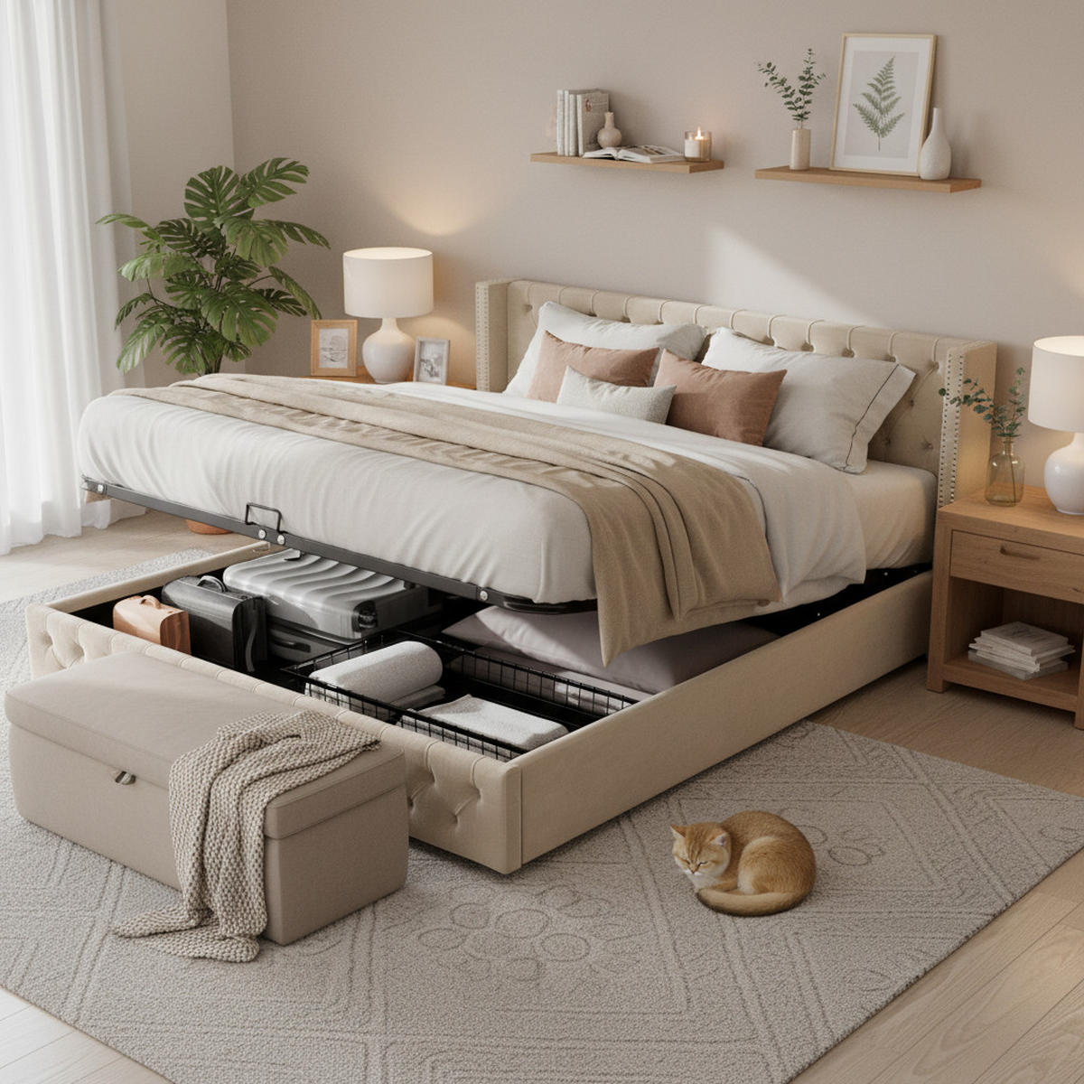 POLSTERBETT 140x200 Samt Ohrenform Hydraulisch Beige - Beige, Holz - FLIEKS