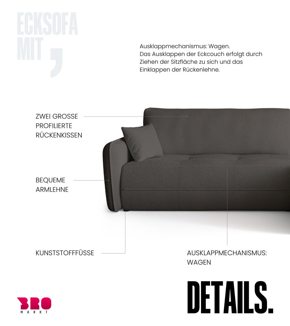 ECKSOFA CLAUDIO mit Schlaffunktion Dunkelgrau - Dunkelgrau, Textil (263/150cm) - Bromarkt