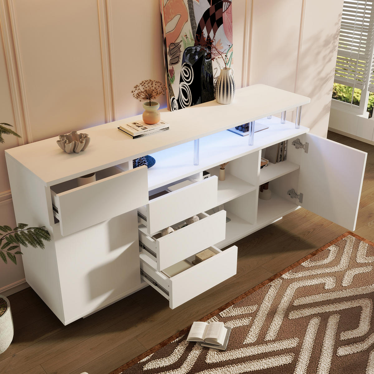 SIDEBOARD 160x40x75 cm Weiß mit LED und 4 Schubladen - Weiß, Holz (160/75/40cm) - FLIEKS