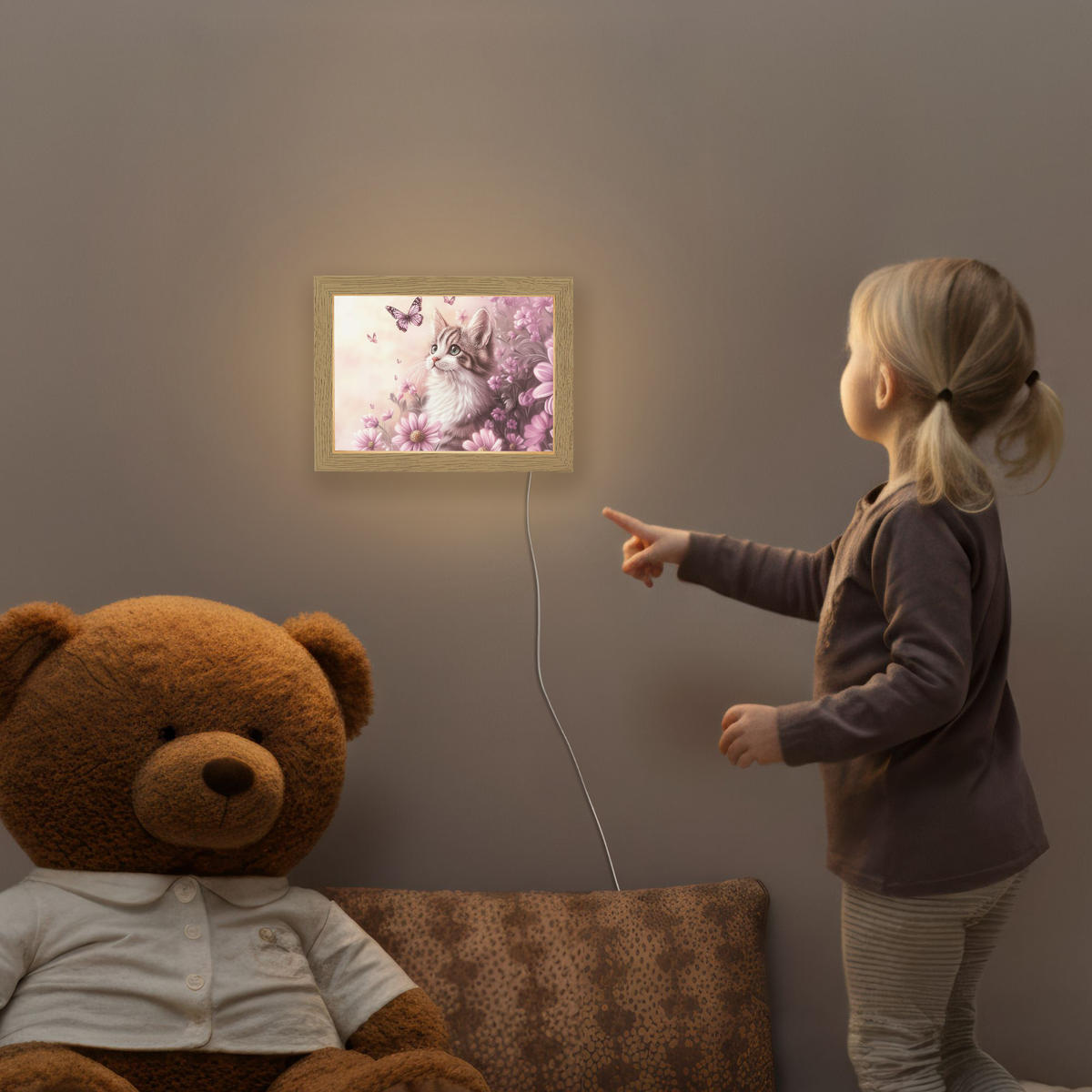 NACHTTISCHLAMPE Kätzchen - Blumen - Schmetterlinge - Lila 20x15 cm - Altrosa, Holzwerkstoff (8/20/15cm)