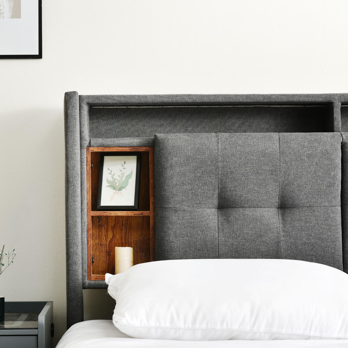 POLSTERBETT 140/200 cm grau mit Stauraum-Kopfteil, USB-Anschlüssen und LED-Beleuchtung - Grau, Holz (140/200cm) - OKWISH