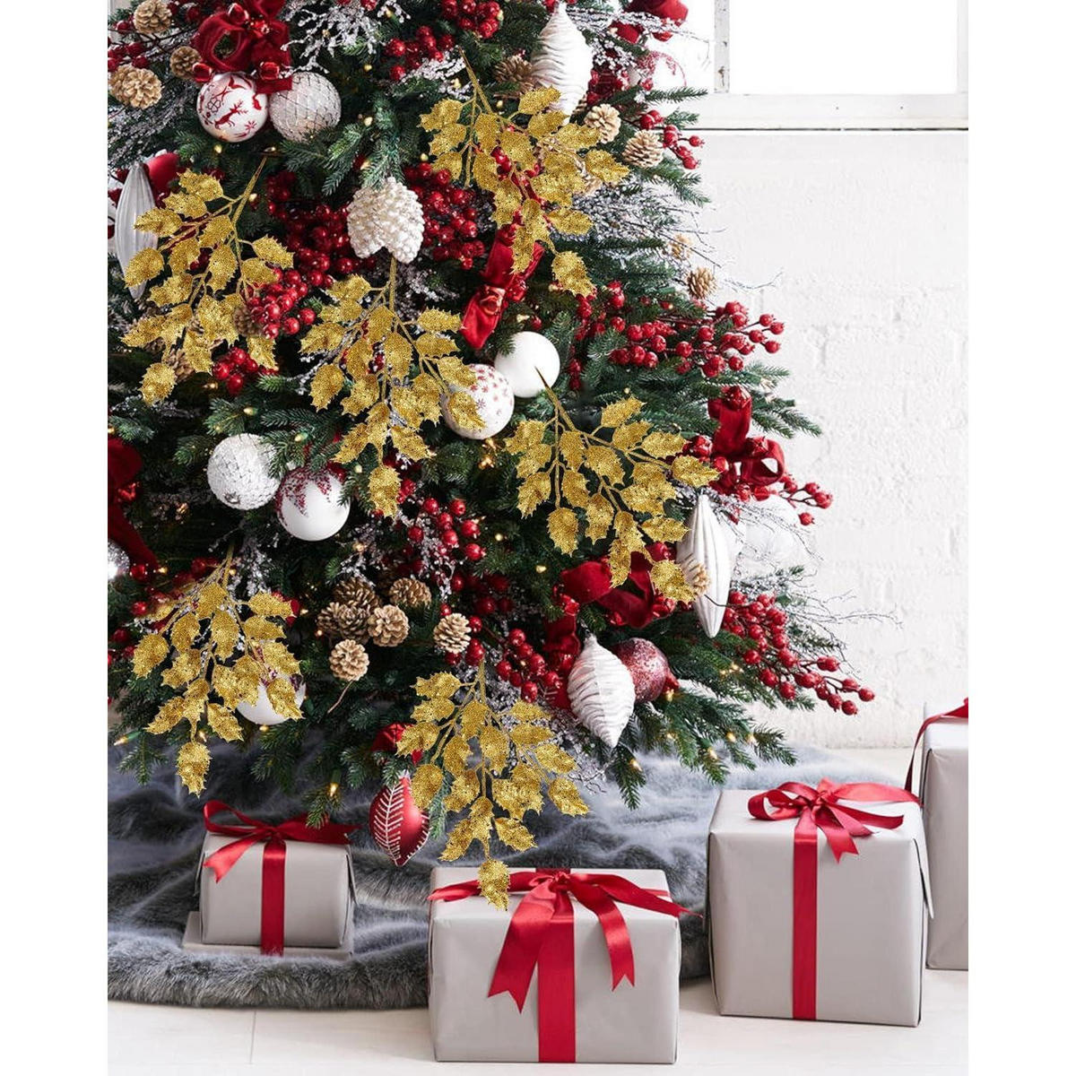 KUNSTZWEIG 6-teiliges Set Glitzernde Eichenblätter 58 cm Gold - Goldfarben, Kunststoff (58.4cm)