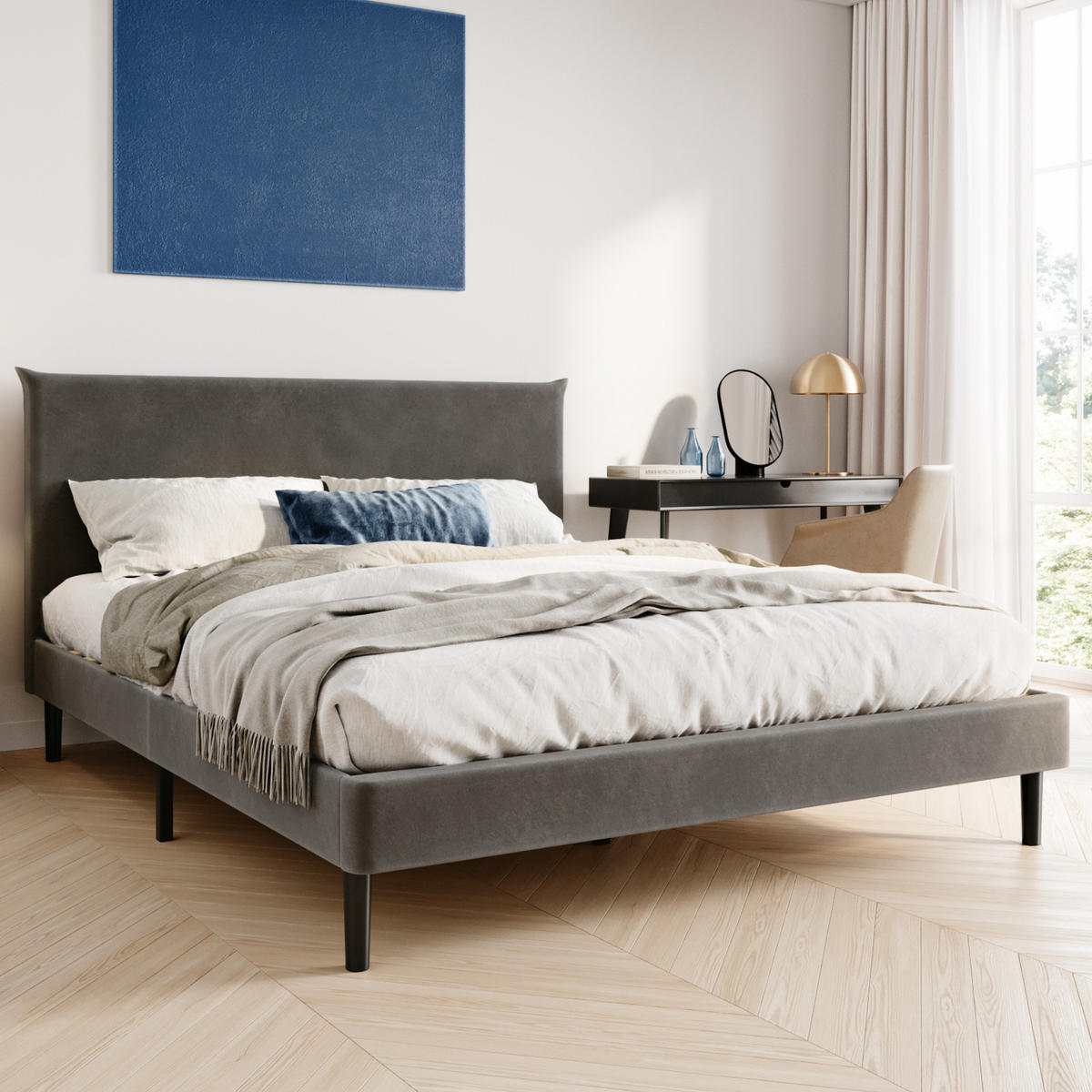 POLSTERBETT 160x200 cm Grau samt - Grau, Textil (160/200cm) - Home Collective