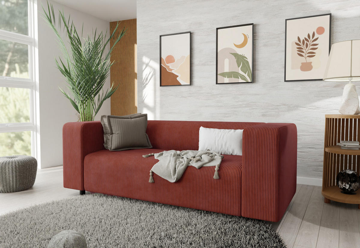 SITZGARNITUR 3+2+1 Tove Terrakotta Cord - Terra cotta/Schwarz, Holz/Kunststoff (175/65/80cm) - S-Style Möbel