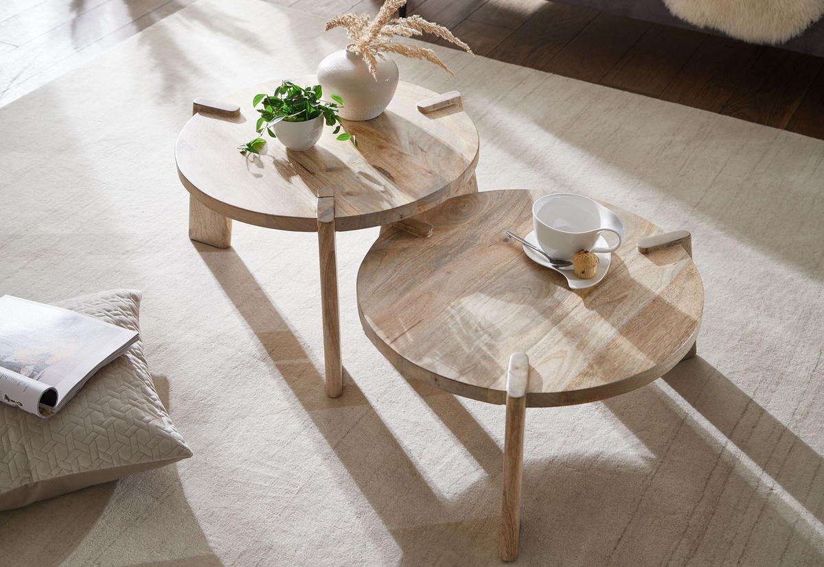 COUCHTISCH 2er Set Mango Massivholz Messingstreifen Handgefertigt HELEN, Beige 53x53x32 cm - Beige, Mangoholz/Holz (53/53/32cm) - KADIMA DESIGN