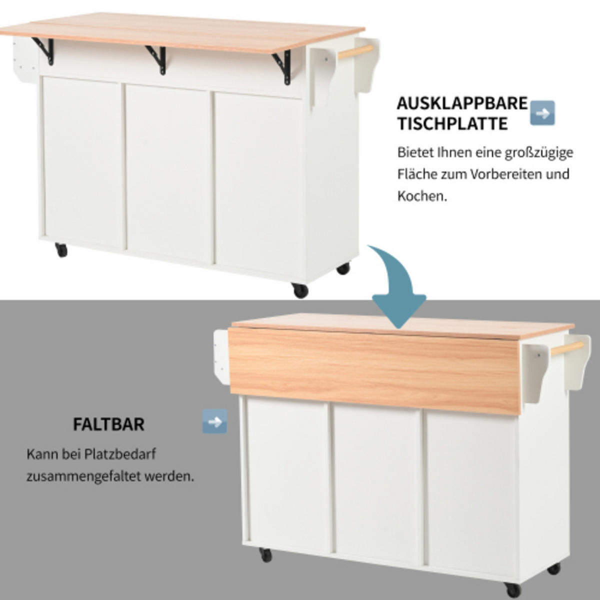 KÜCHENINSEL weiß aus MDF mit klappbarer Erweiterungsplatte 139 × 46 × 91,5 cm - Weiß, Holzwerkstoff (139/91.5/71cm) - Luhomfu