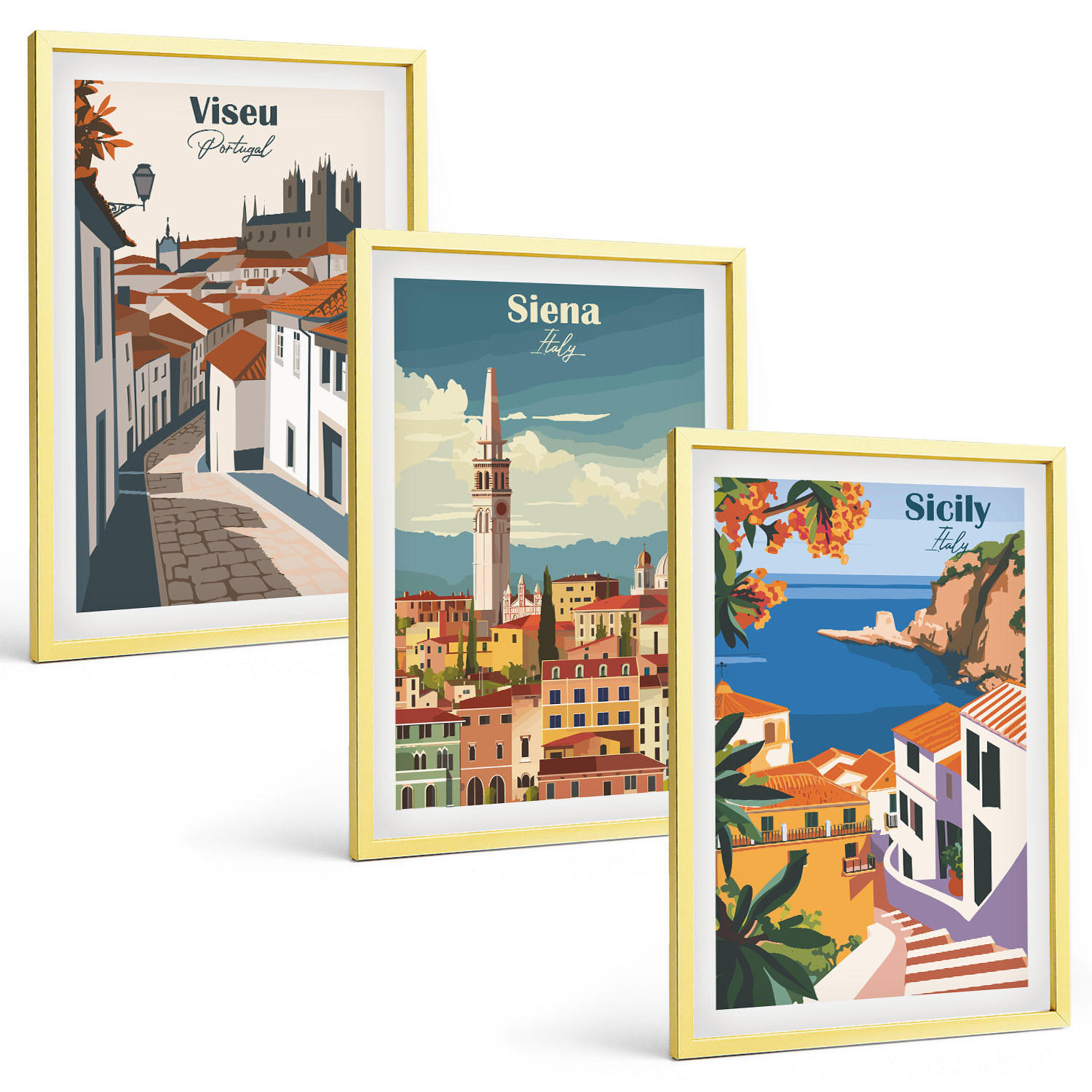 BILDER SET 3er Set - 40x60 cm Goldrahmen - Retro-Illustrationen von Weltstädten - Goldfarben, Kunststoff (40/60cm) - TULUP