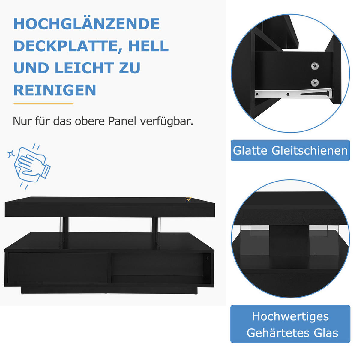 COUCHTISCH 95x50cm Schwarz Hochglanz 4 Glasplatten 2 Schubladen 2 Fächer - Schwarz, Holz (103.99/59/17.5cm) - FLIEKS